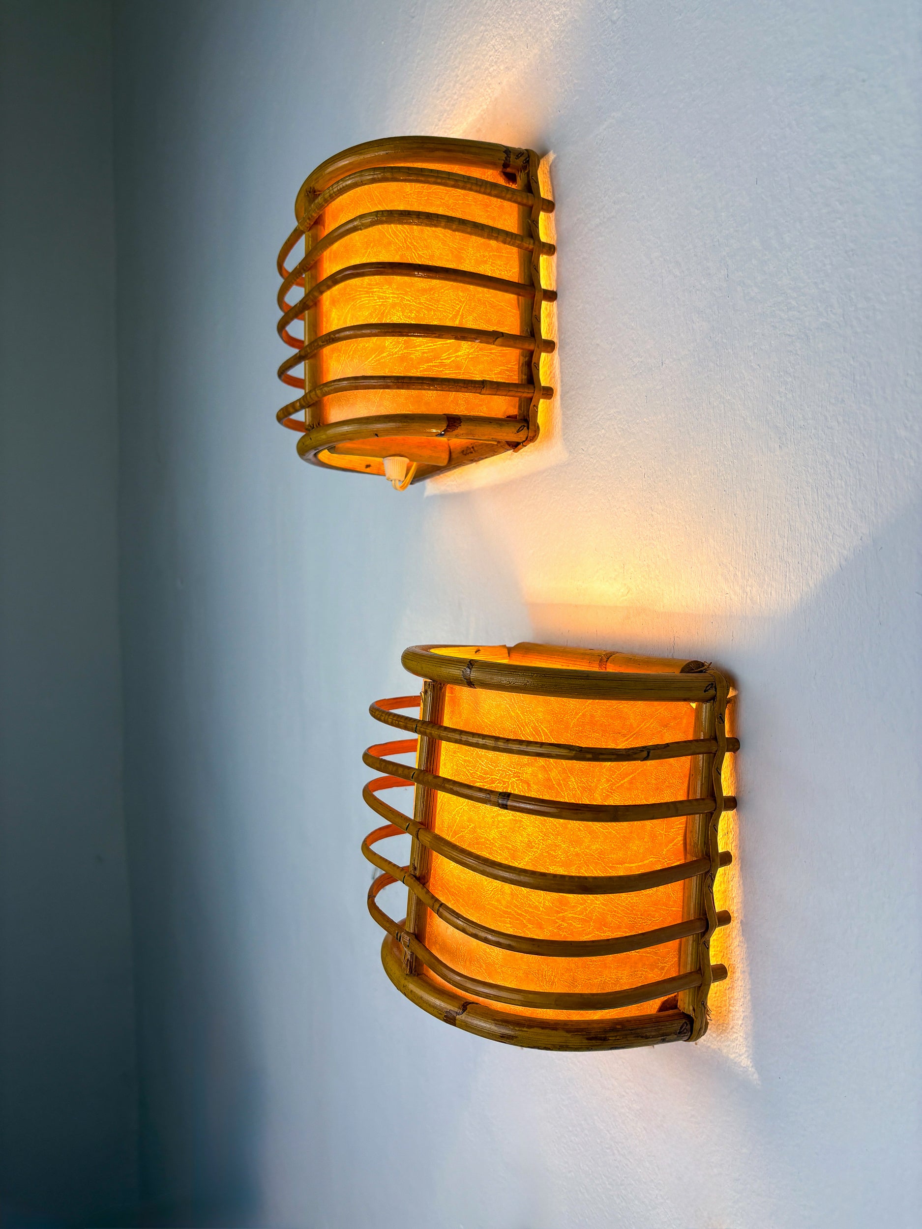 Pair of Mid-Century Rattan Wall Sconces, Circa 1960s, Italy