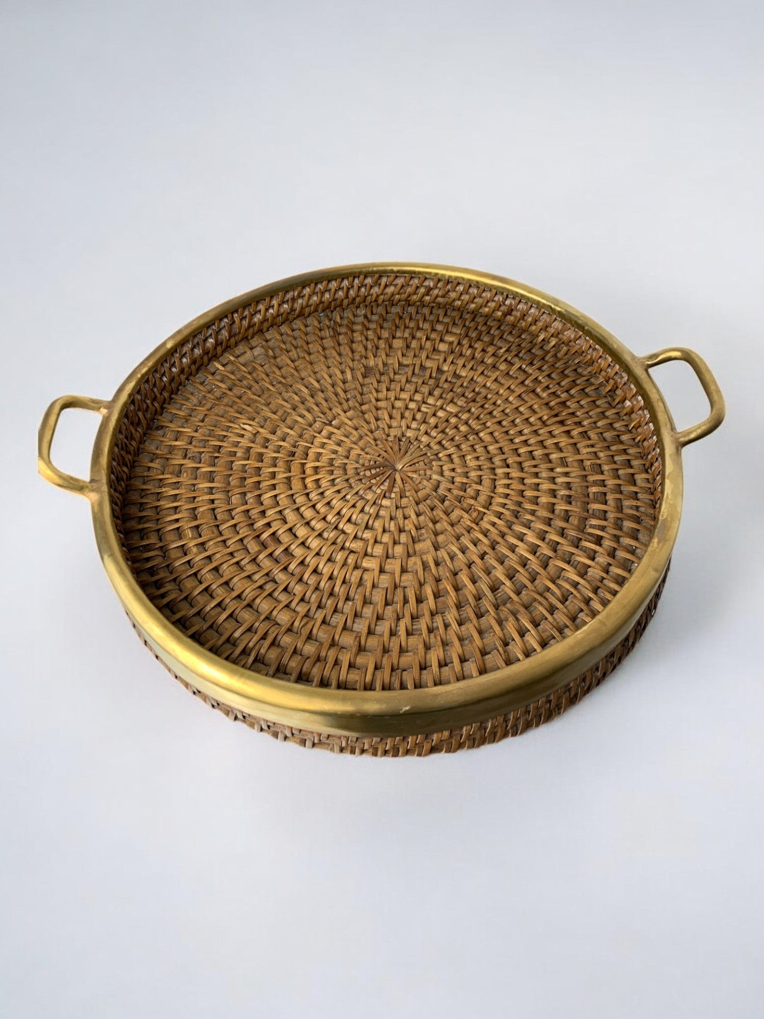 Circular rattan and brass tray, Italy, 1970's, 38° Diam
