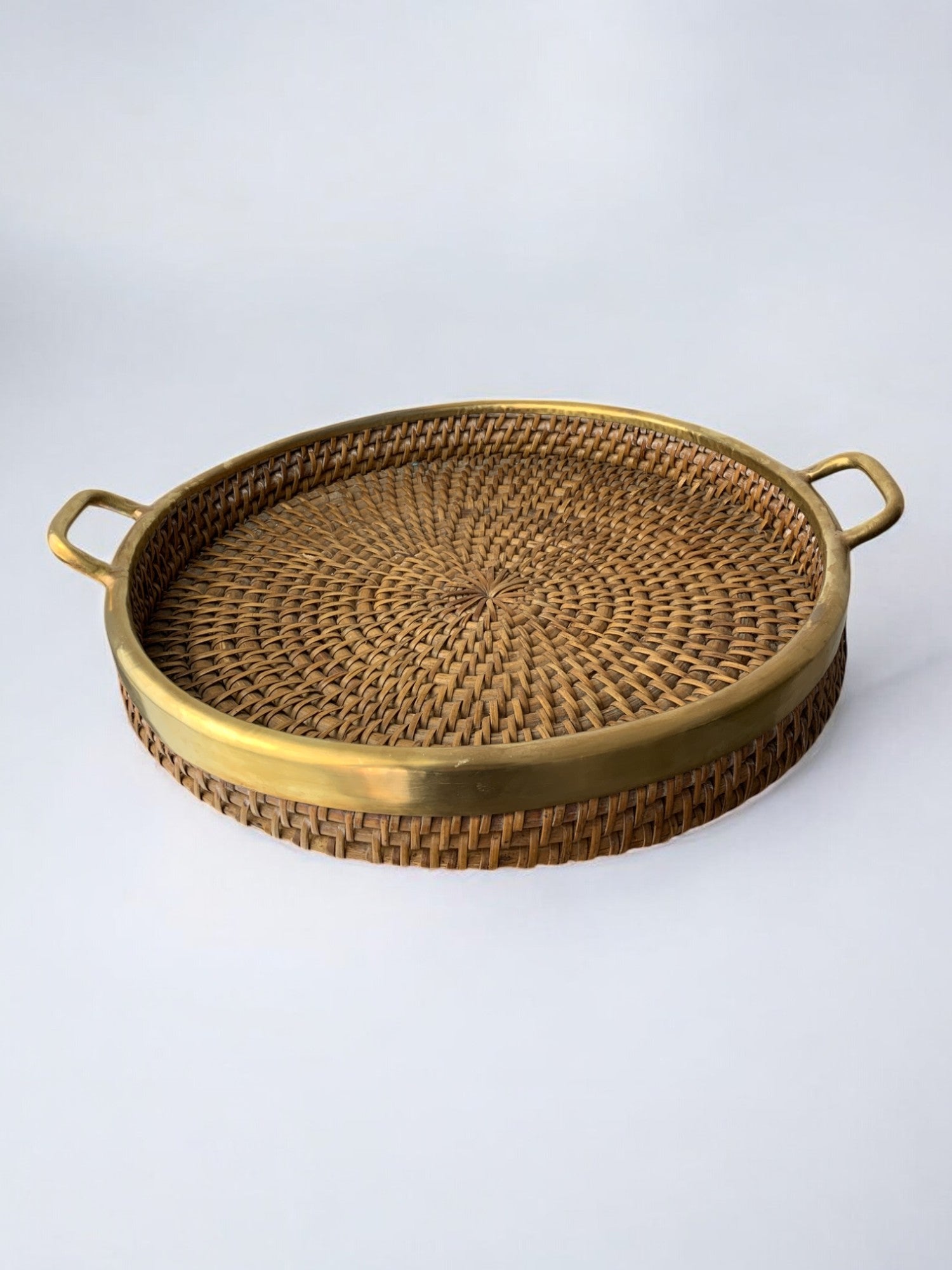Circular rattan and brass tray, Italy, 1970's, 38° Diam