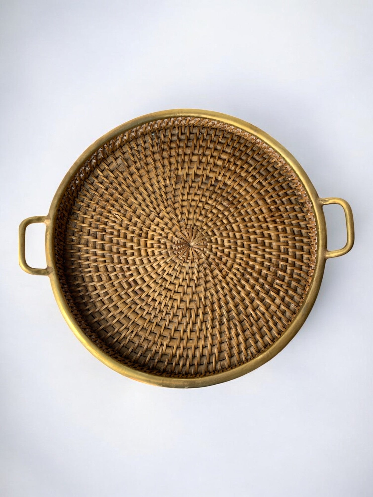 Circular rattan and brass tray, Italy, 1970's, 38° Diam