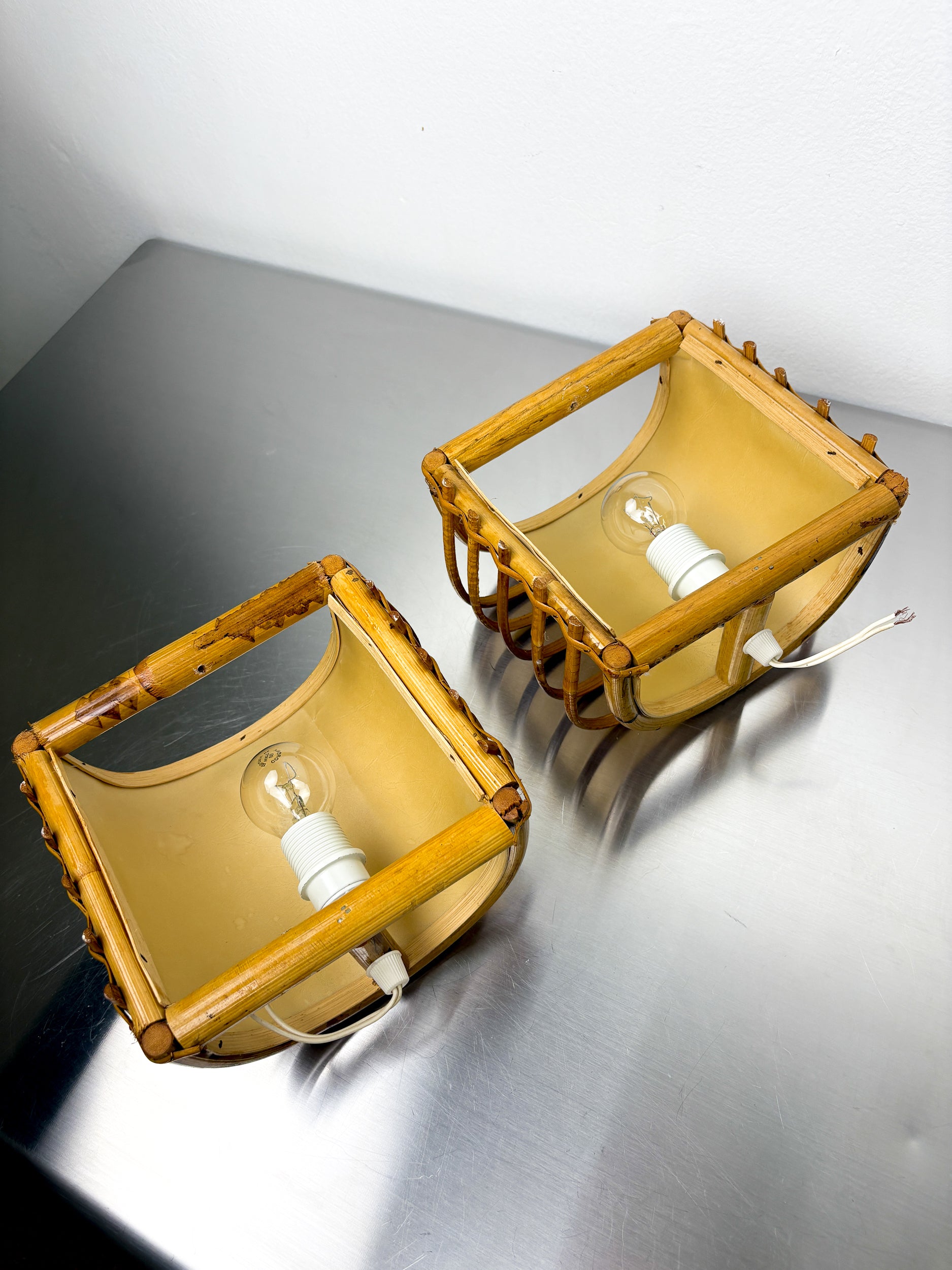 Pair of Mid-Century Rattan Wall Sconces, Circa 1960s, Italy