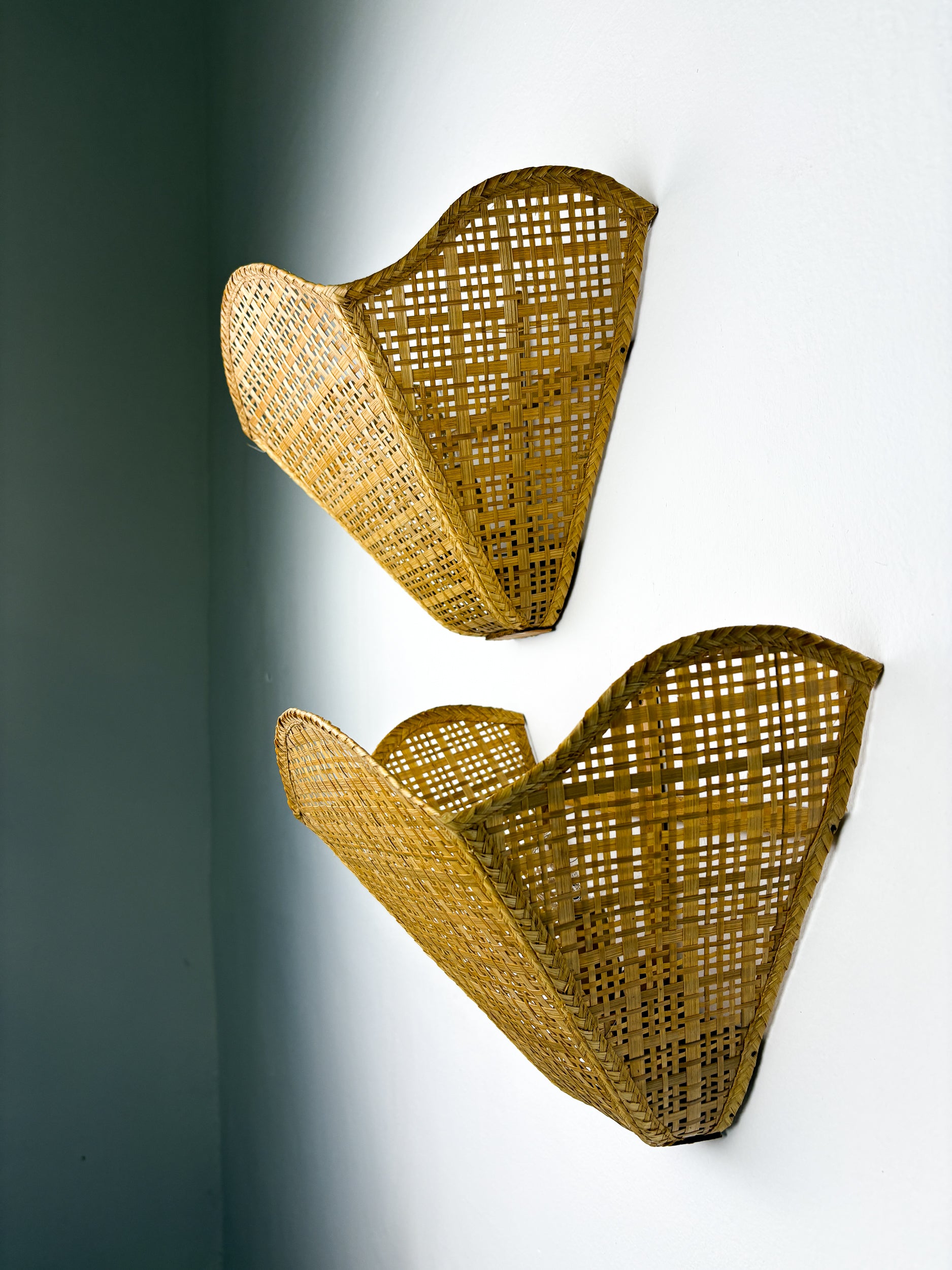 Pair of Scalloped Rattan Wall Sconces,  Sourced in Spain, 1980's