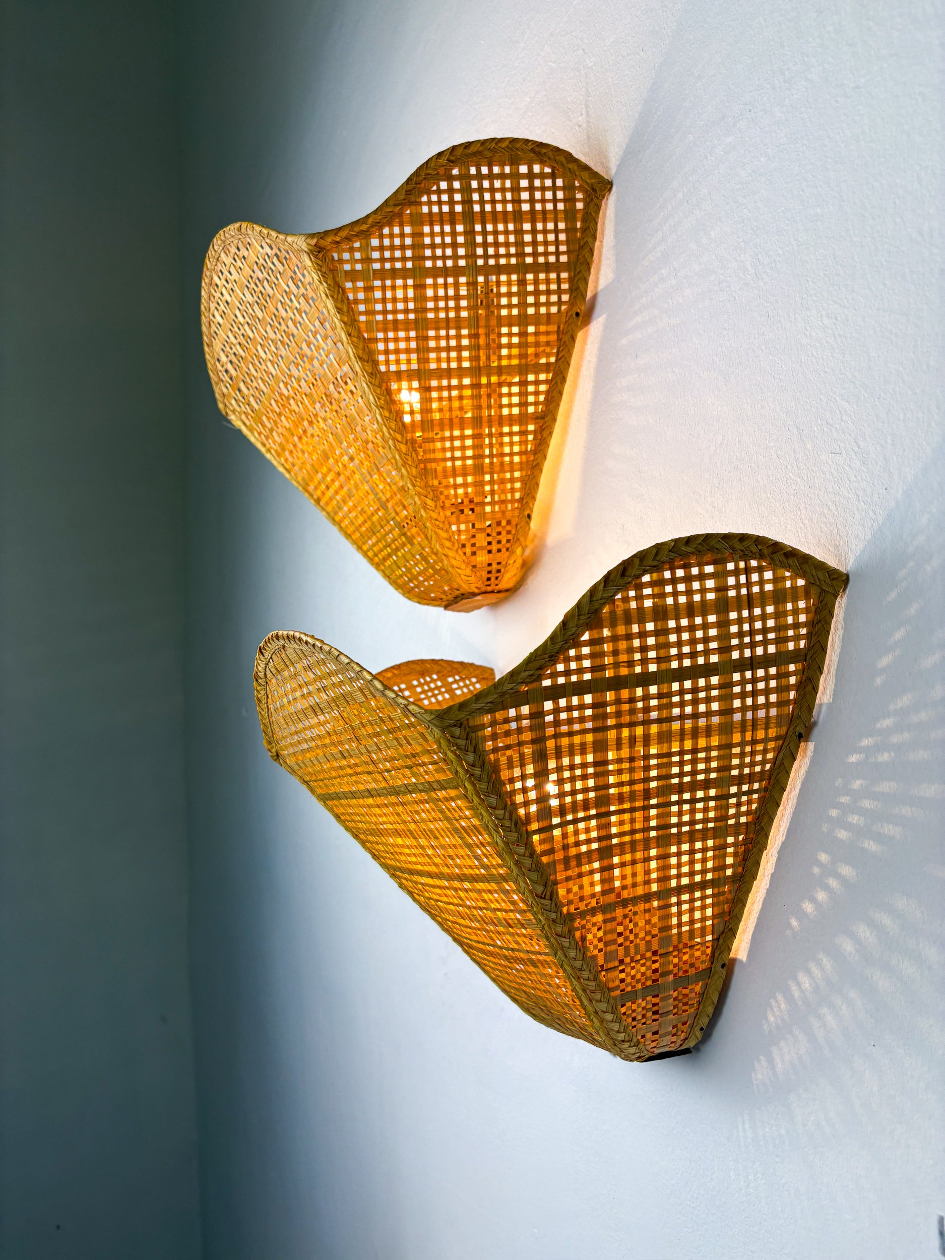 Pair of Scalloped Rattan Wall Sconces,  Sourced in Spain, 1980's
