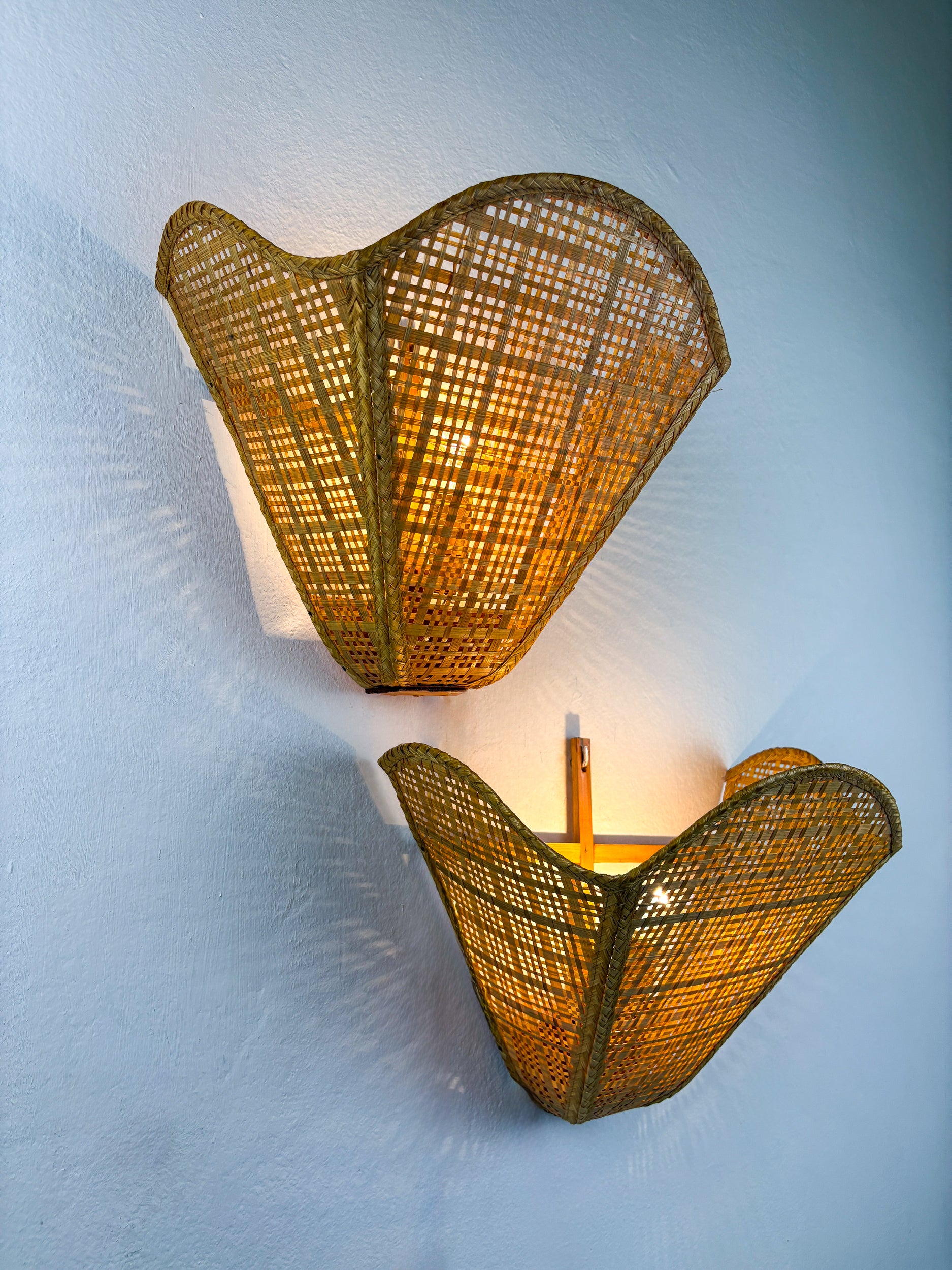 Pair of Scalloped Rattan Wall Sconces,  Sourced in Spain, 1980's