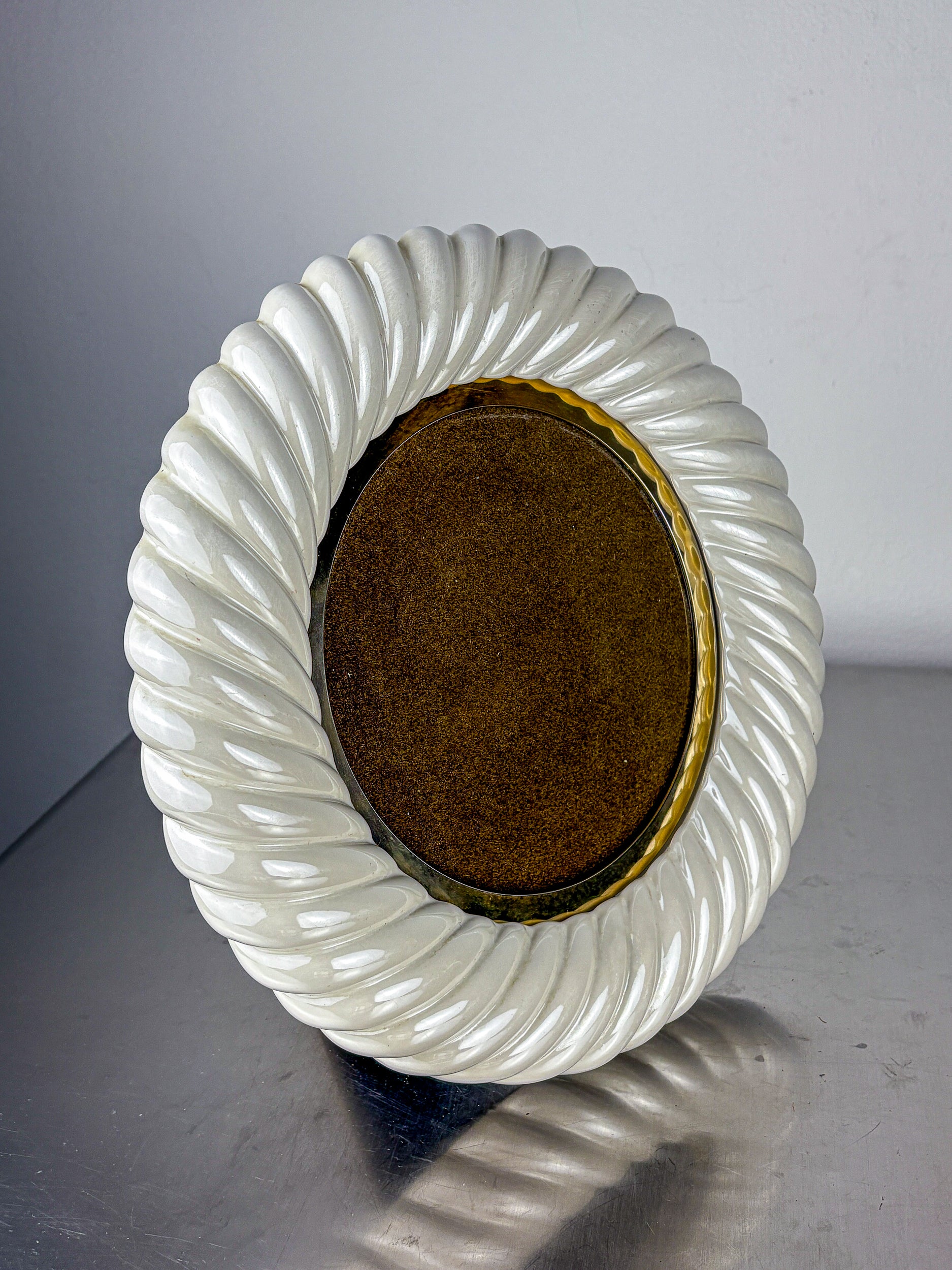 Tommaso Barbi White Ceramic and Brass Italian Picture Frame, 1970's