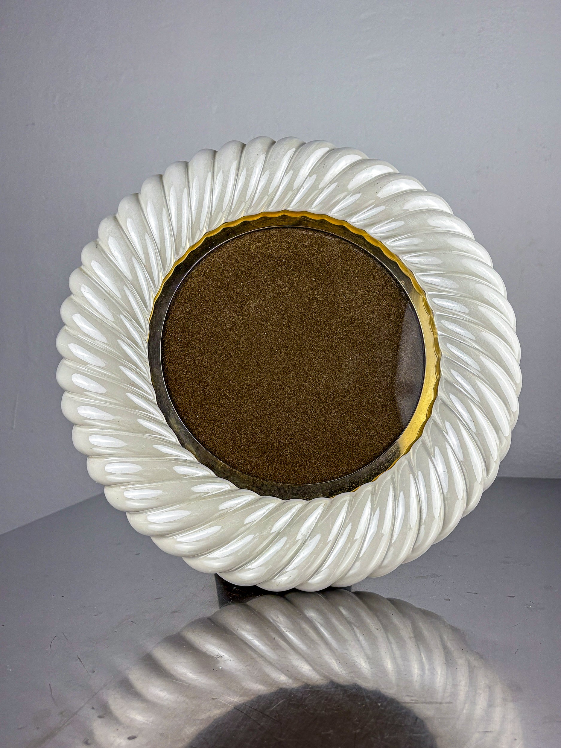 Tommaso Barbi White Ceramic and Brass Italian Picture Frame, 1970's
