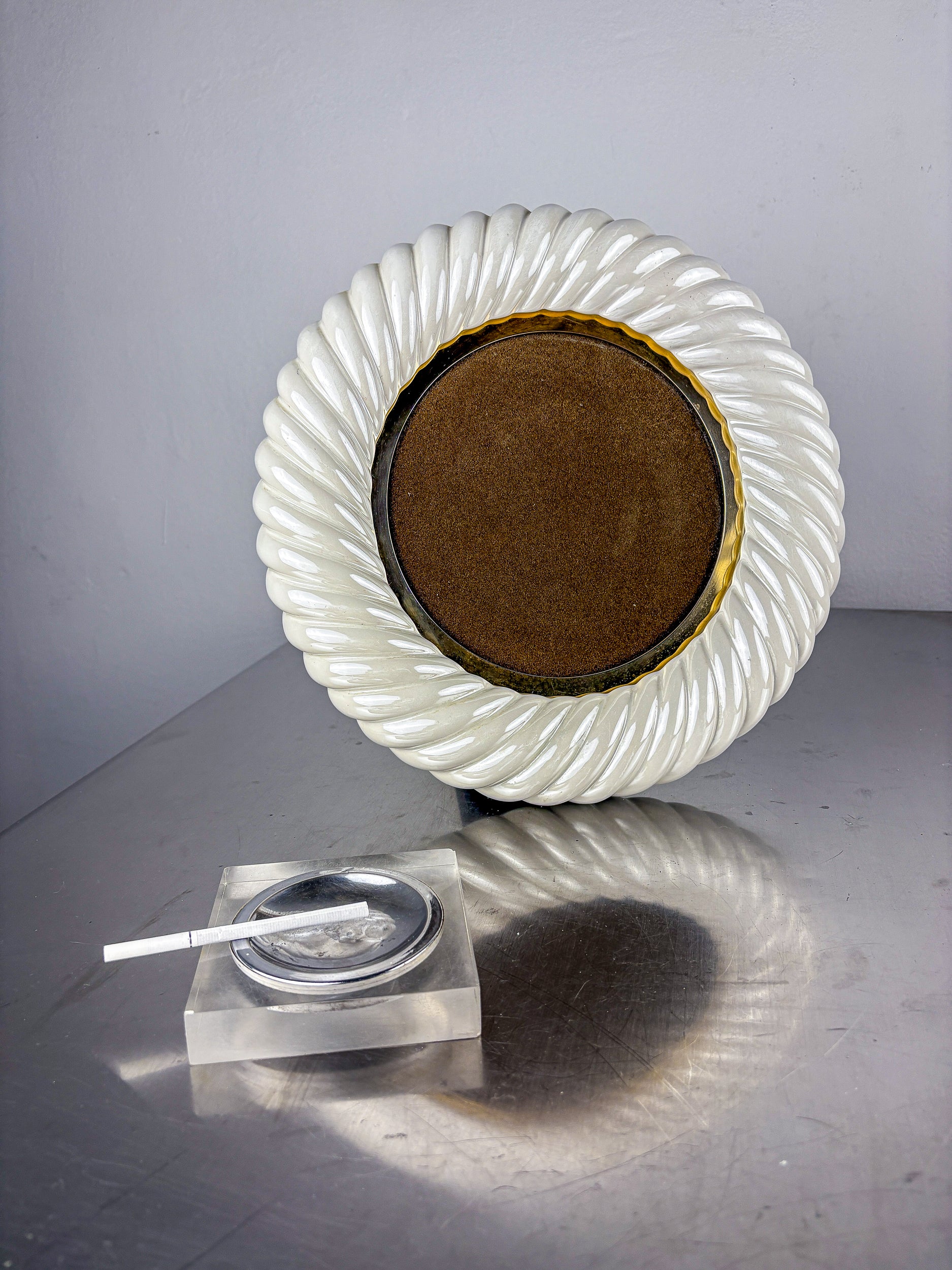 Tommaso Barbi White Ceramic and Brass Italian Picture Frame, 1970's