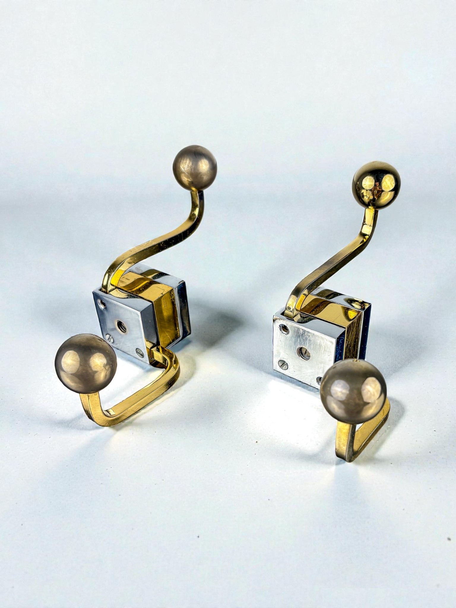 Pair of Romeo Rega style Wall Hooks, Gilt Brass & Chrome, Italy, 1980s