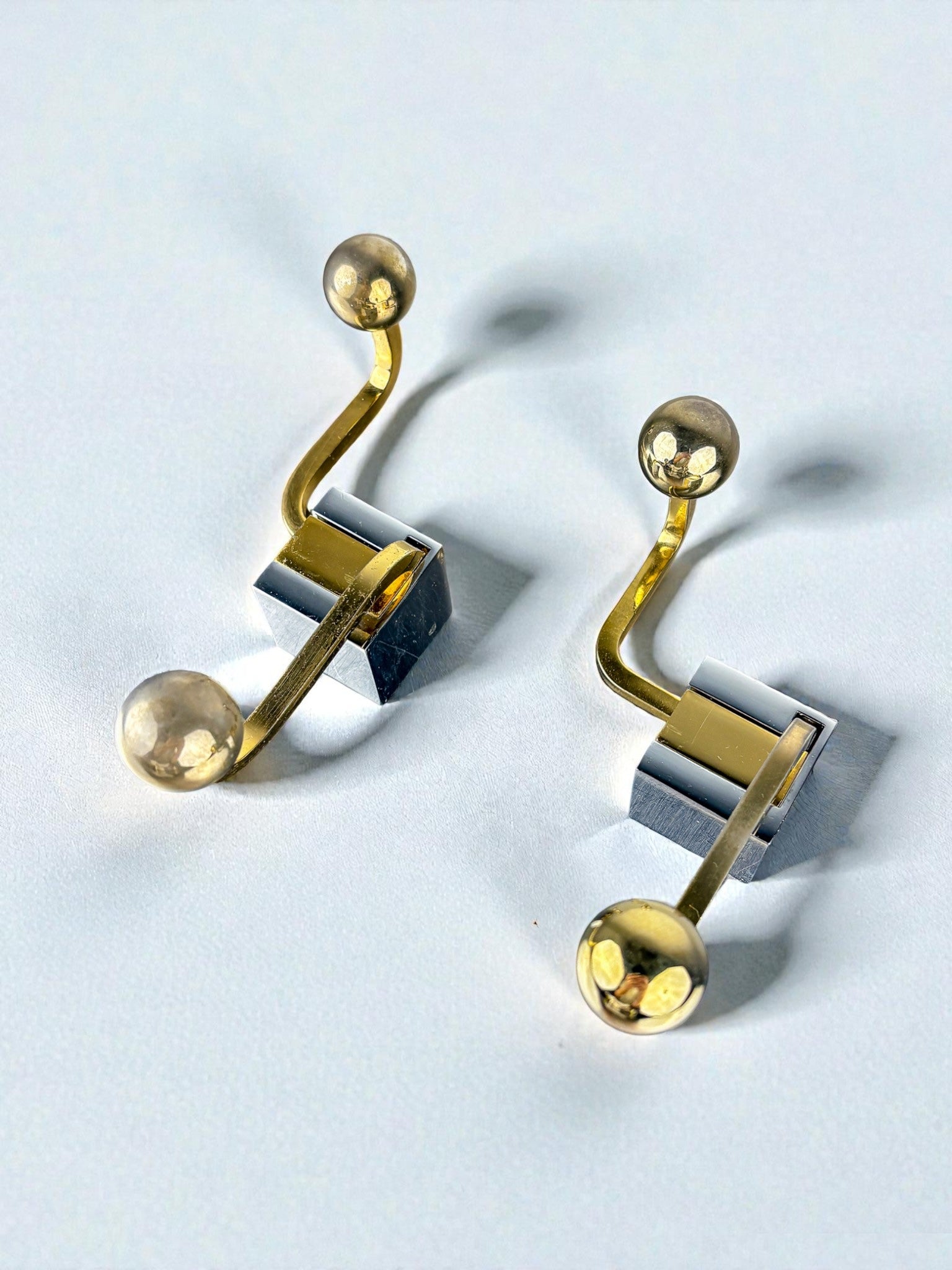 Pair of Romeo Rega style Wall Hooks, Gilt Brass & Chrome, Italy, 1980s