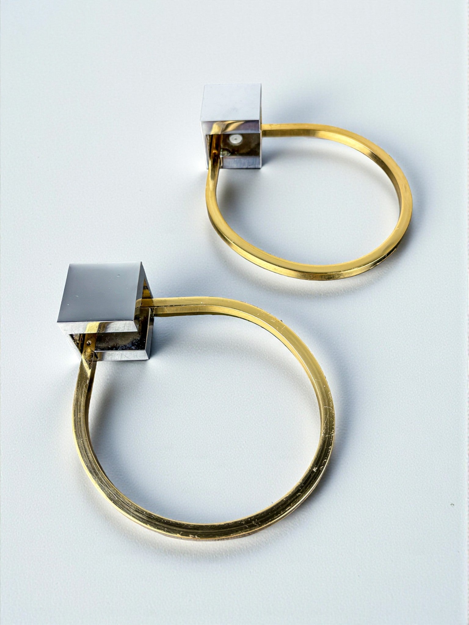 Pair of Romeo Rega style Towel Rings , Gilt Brass & Chrome, Italy, 1980s