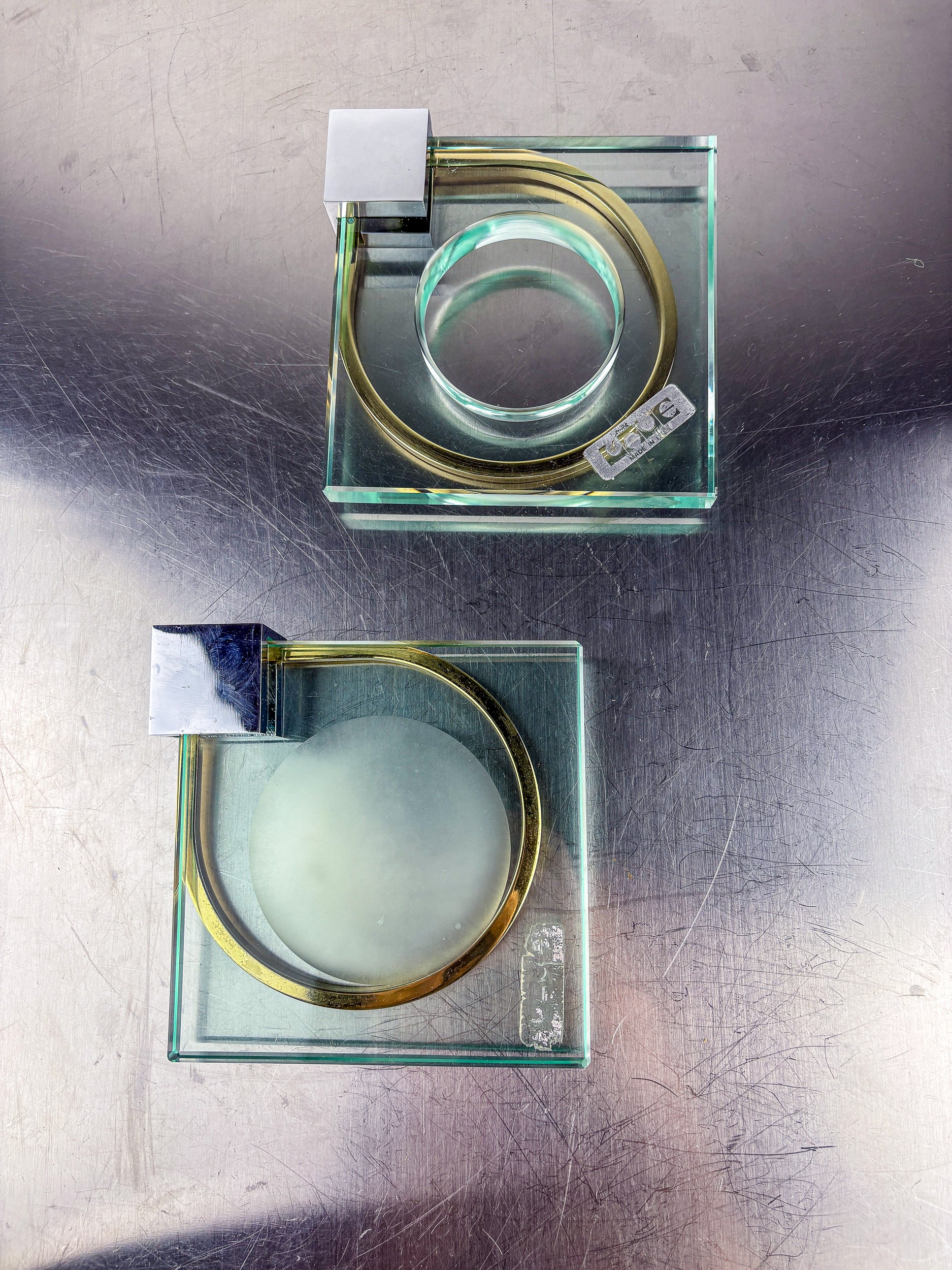 Pair of Blue Murano Bathroom Soap Dishes,  Gilt Brass & Chrome, Italy, 1970s