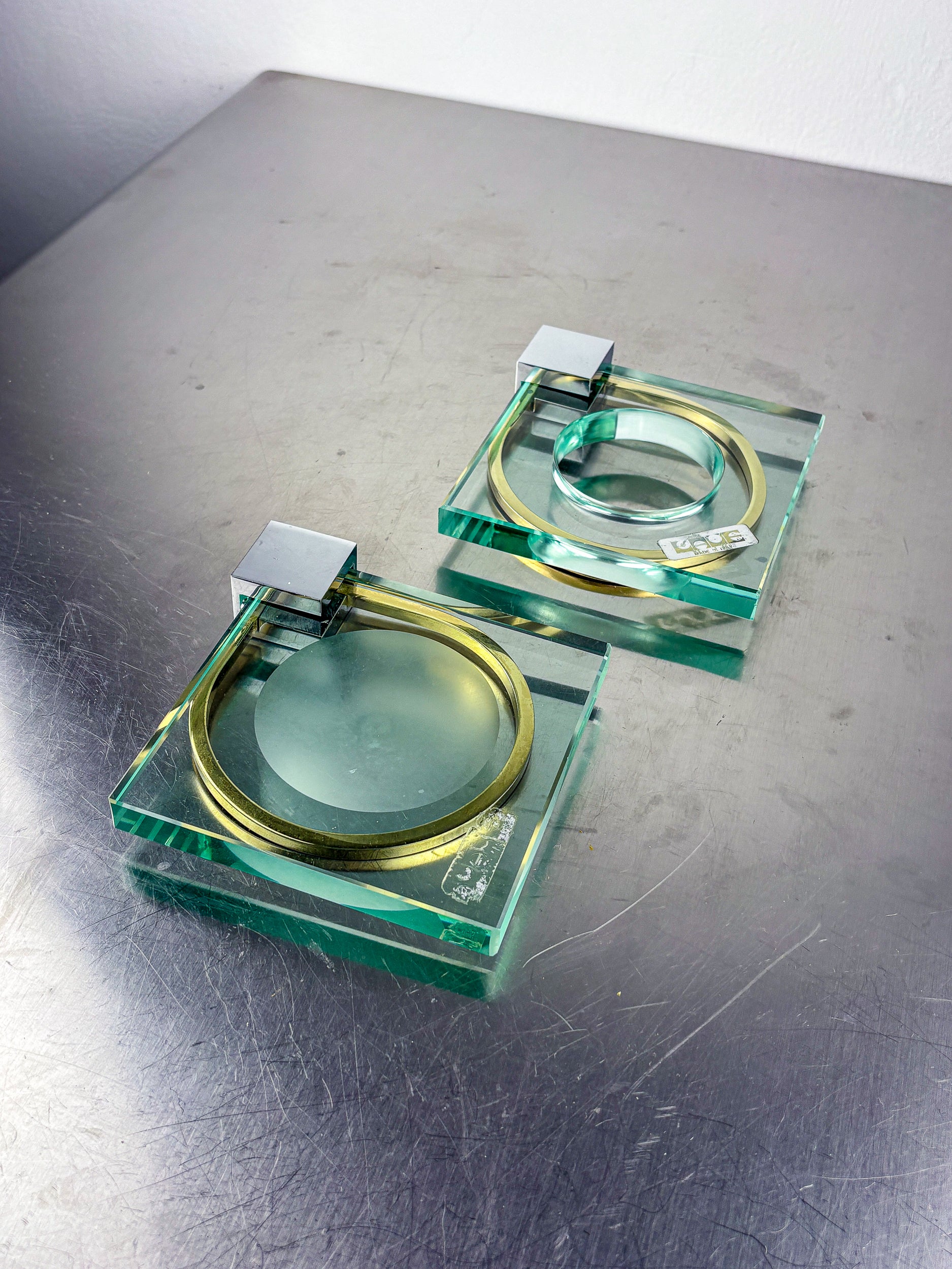 Pair of Blue Murano Bathroom Soap Dishes,  Gilt Brass & Chrome, Italy, 1970s