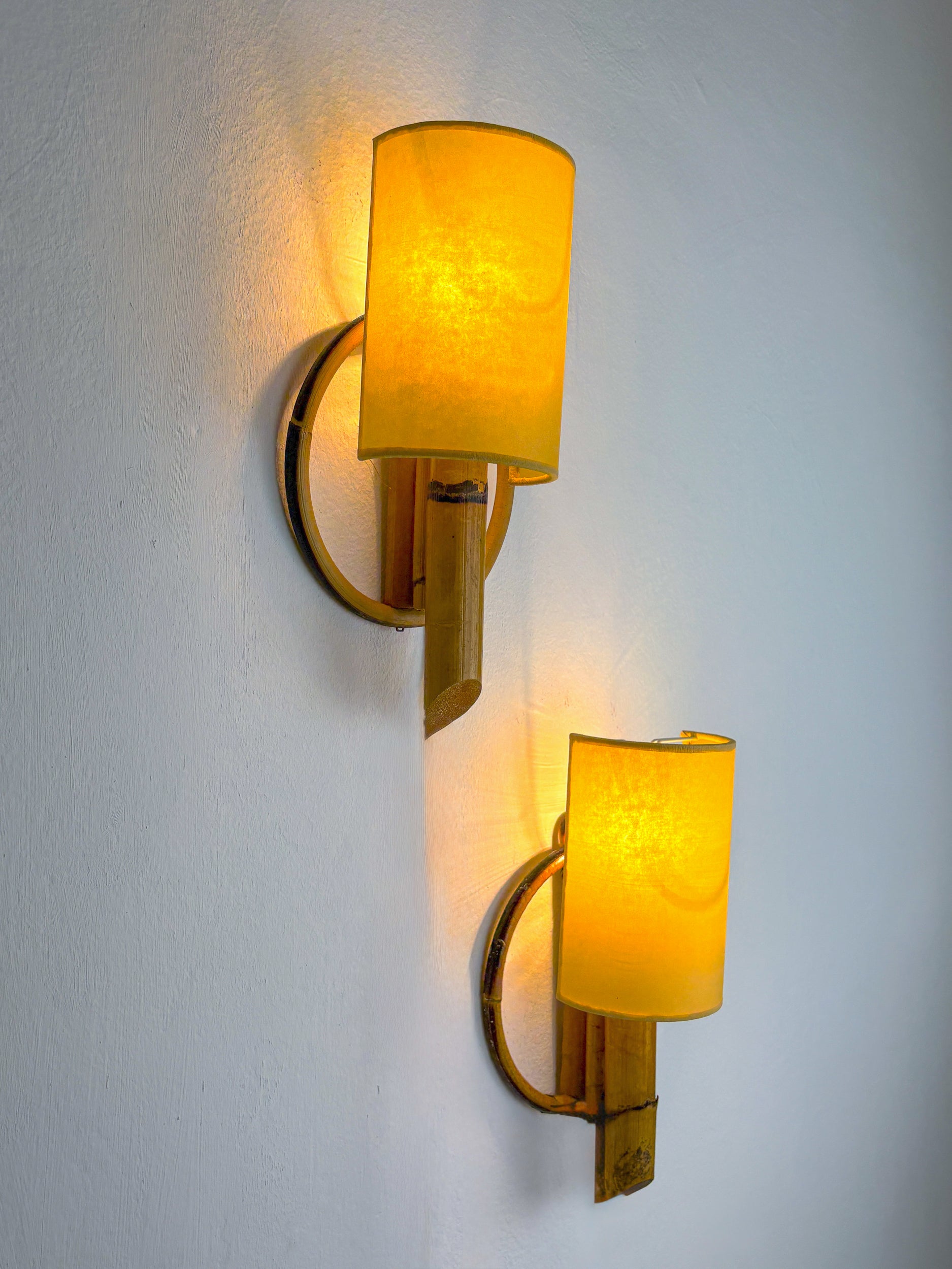 Pair of Mid-Century Rattan Wall Sconces, Italy, Circa 1960's