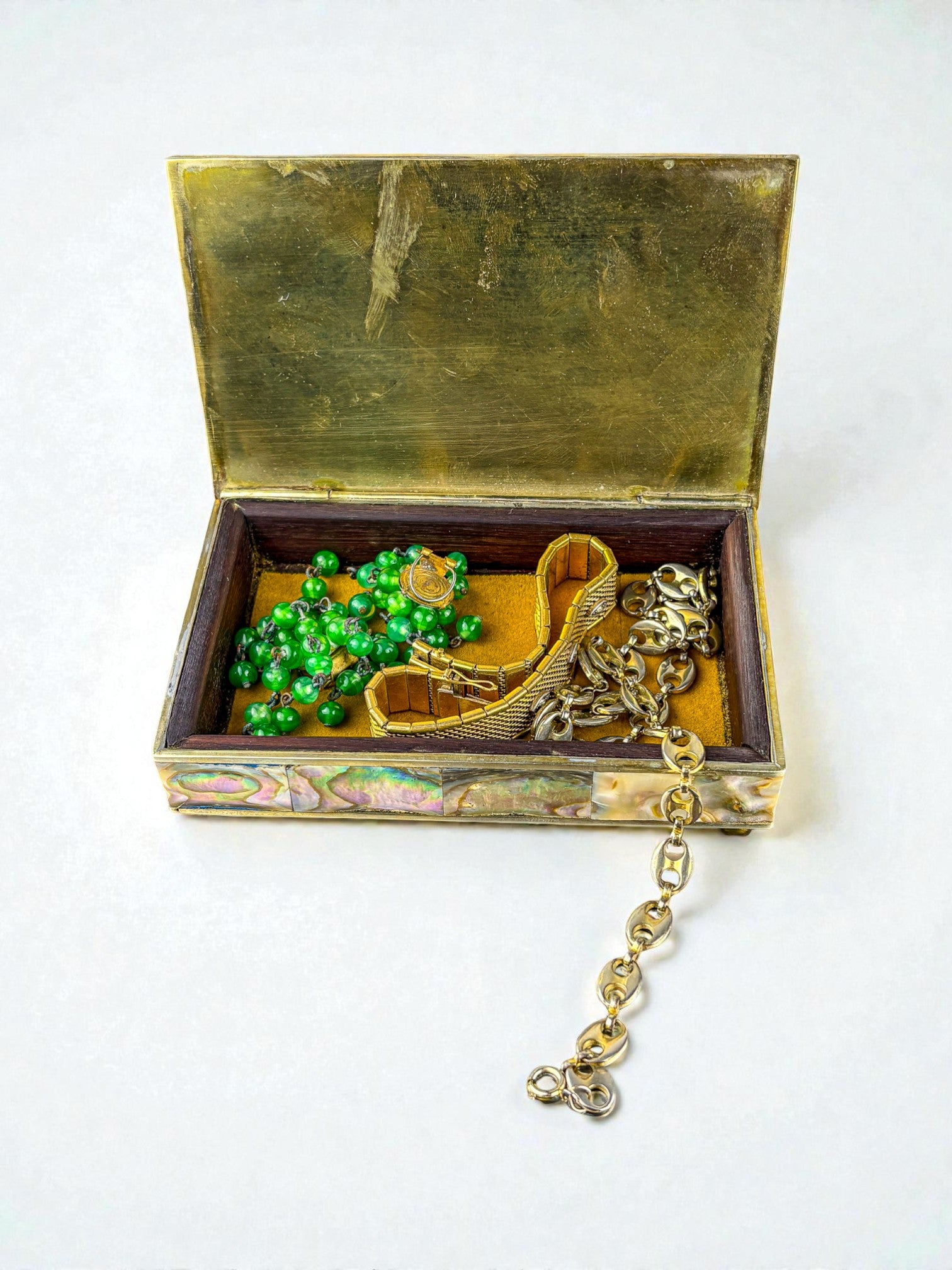 Abalone shell vanity box, Alpaca and wood, Mexico, C.1970