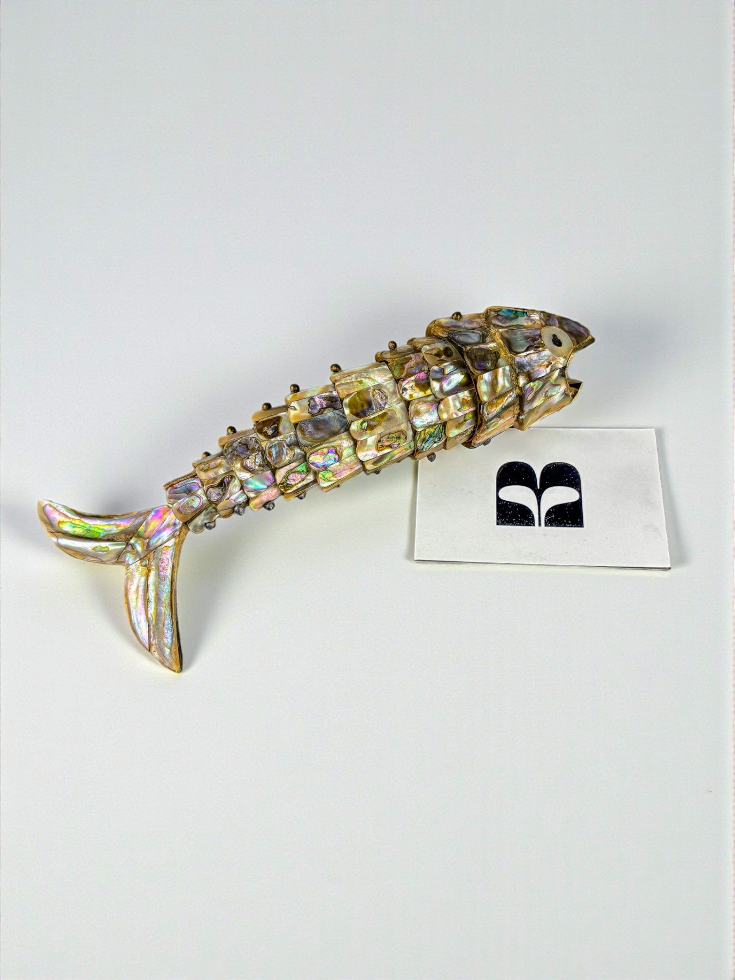 Articulated Abalone shell and Brass Fish Bottle Opener, Mexico, 1980's, 20 cm