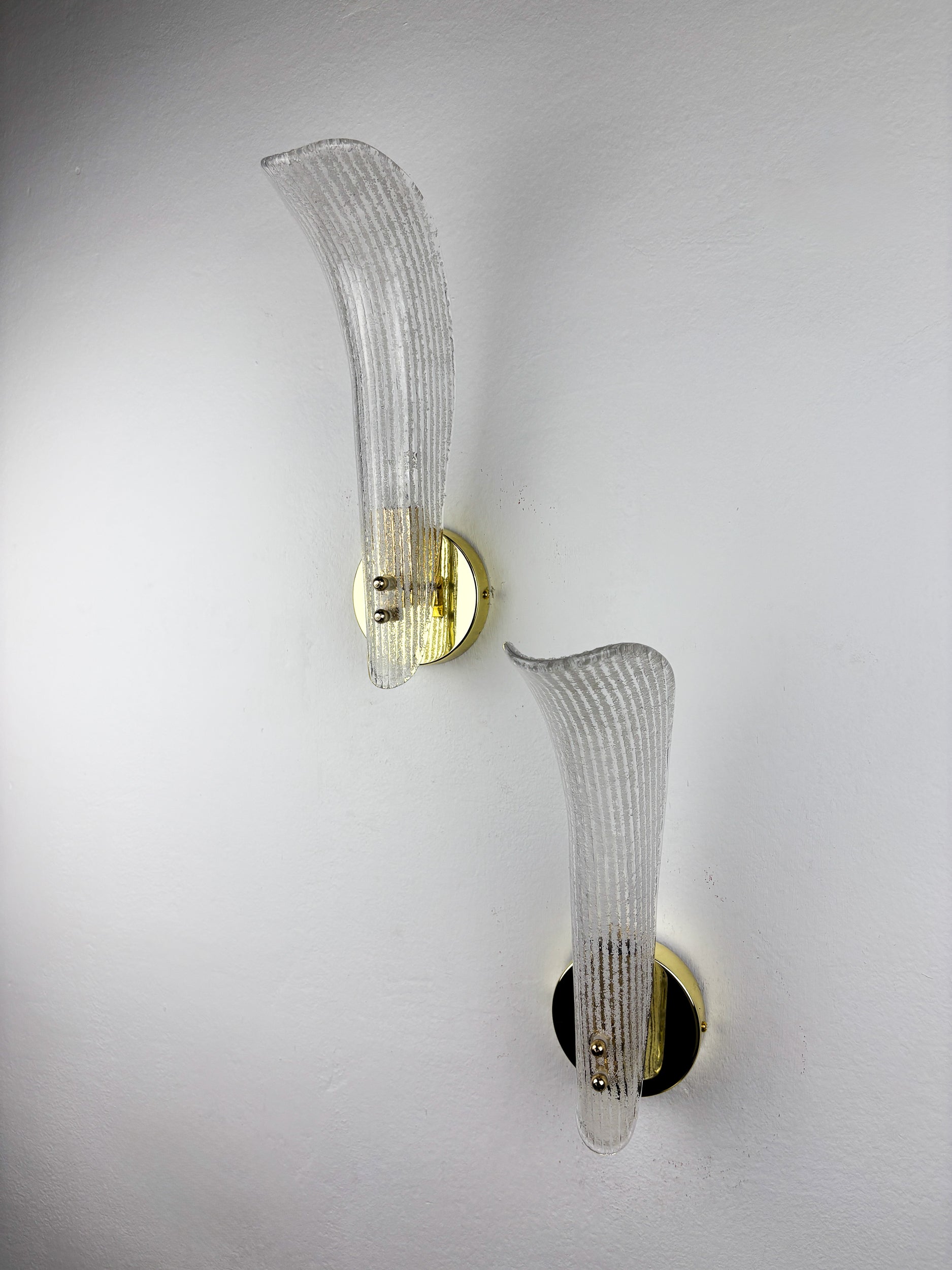 Pair of Murano Frosted Glass Leaf Sconces, Gilt Brass, Italy, 1970s