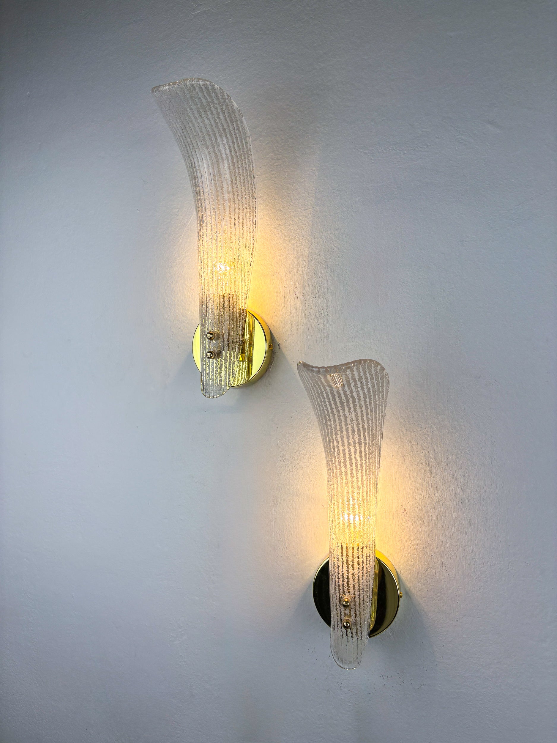 Pair of Murano Frosted Glass Leaf Sconces, Gilt Brass, Italy, 1970s