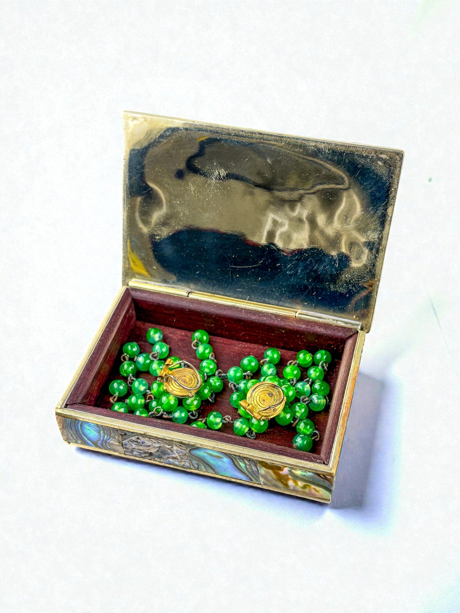 Abalone shell vanity box, Alpaca and wood, Mexico, C.1970's