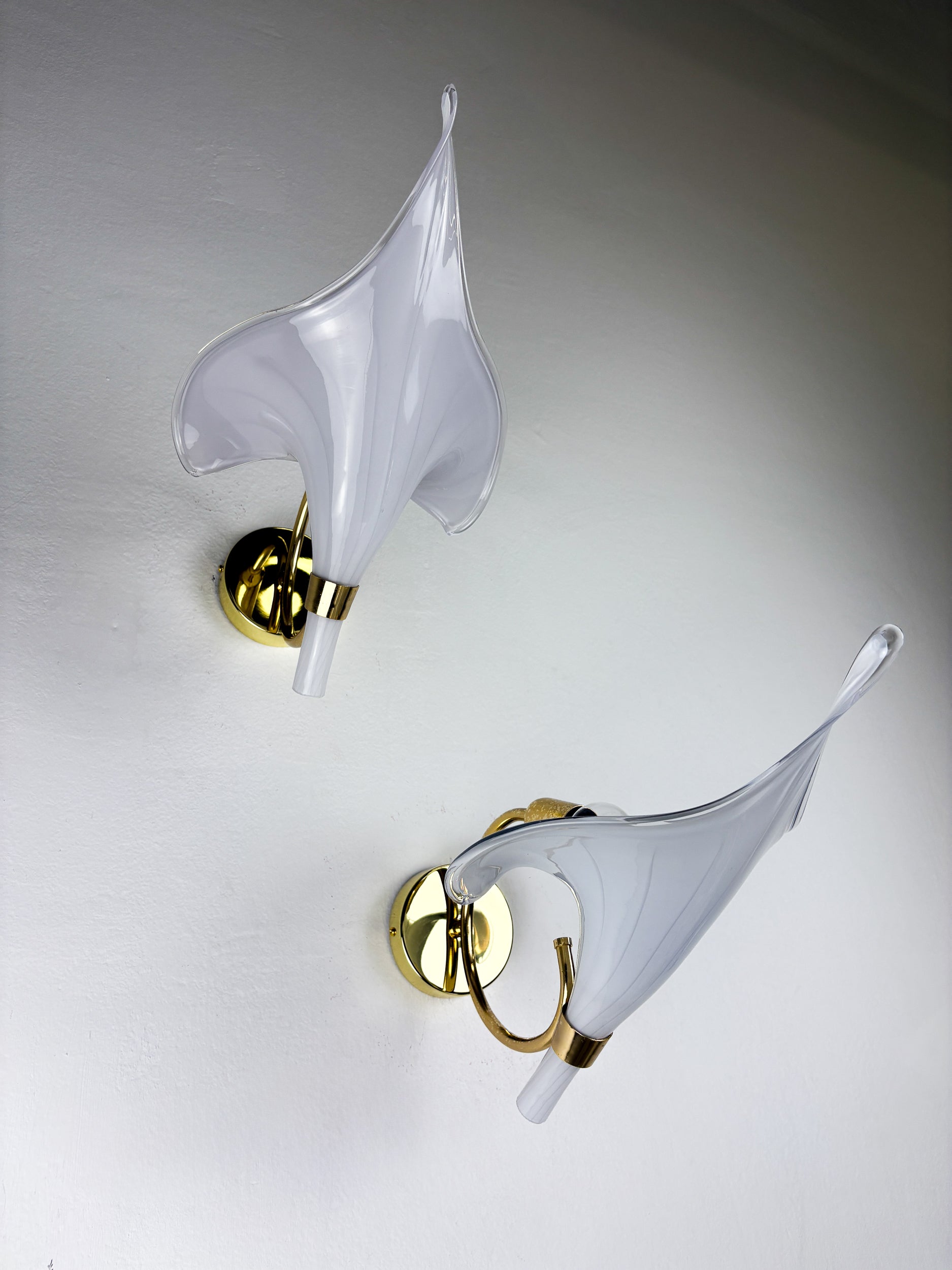 Pair of Italian Hand Blown Murano Glass Calla Lilly wall lights By Franco Luce, 1970's