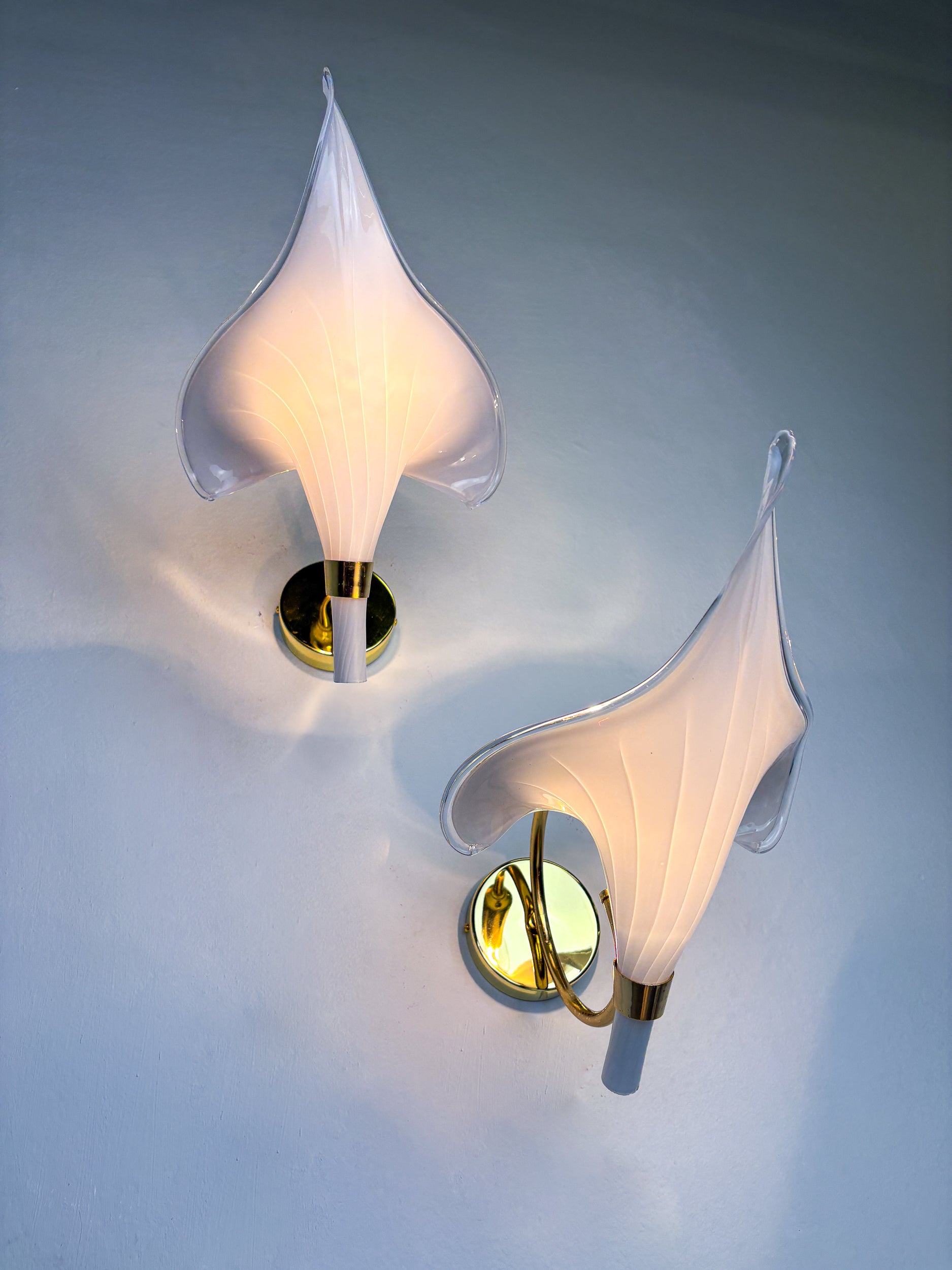 Pair of Italian Hand Blown Murano Glass Calla Lilly wall lights By Franco Luce, 1970's