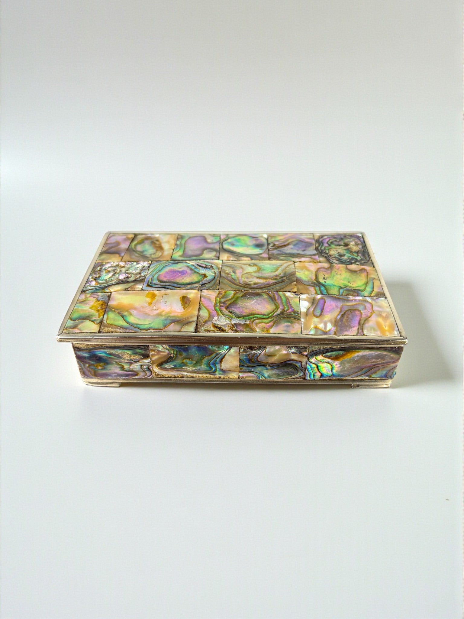 Abalone shell vanity box, Alpaca and wood, Mexico, Circa 1960's