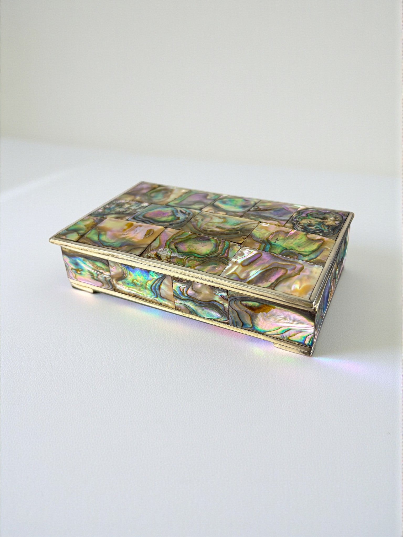 Abalone shell vanity box, Alpaca and wood, Mexico, Circa 1960's