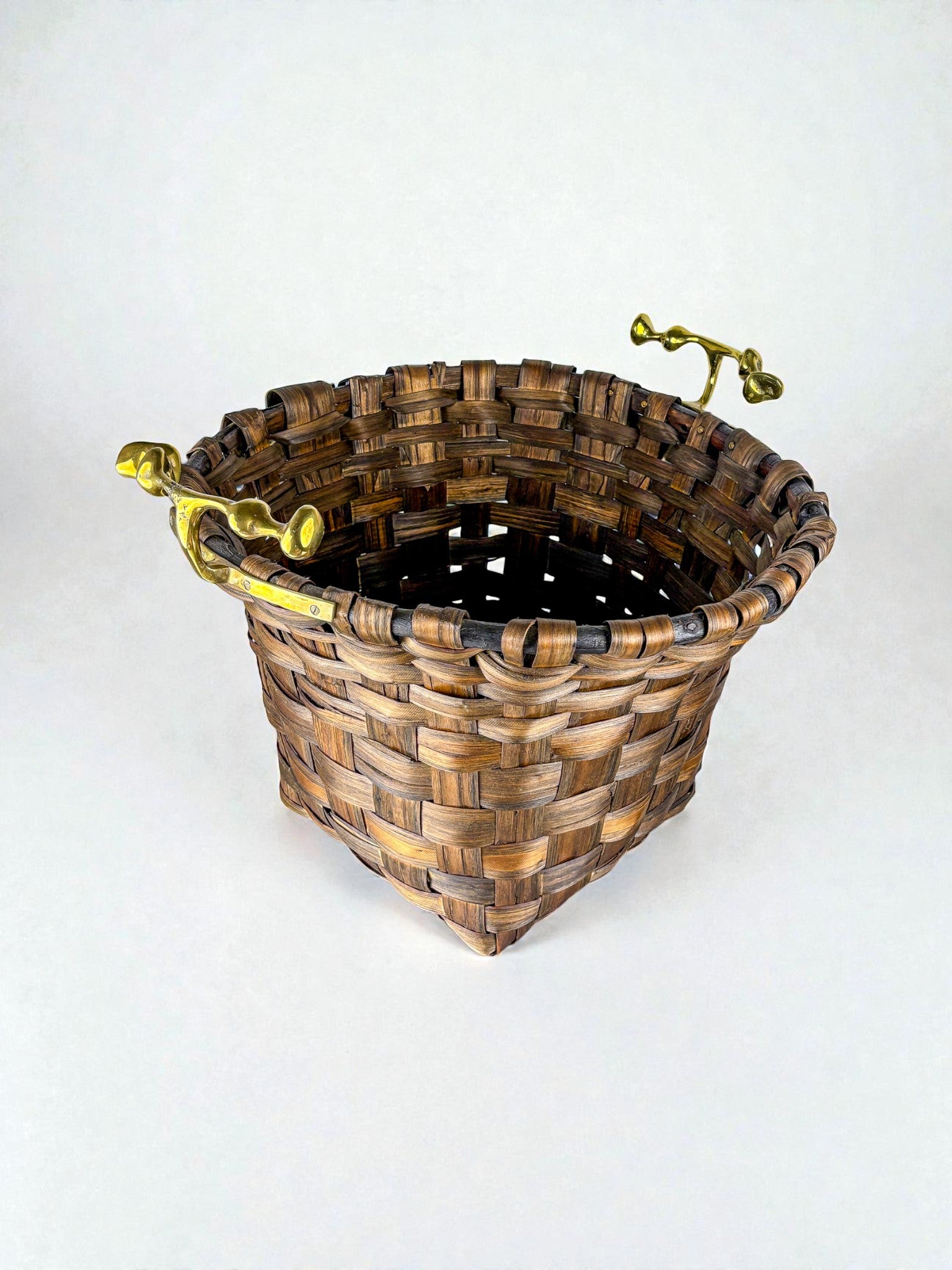 Brutalist XL Basket by David Marshall, Rattan & bronze handle, 1980's