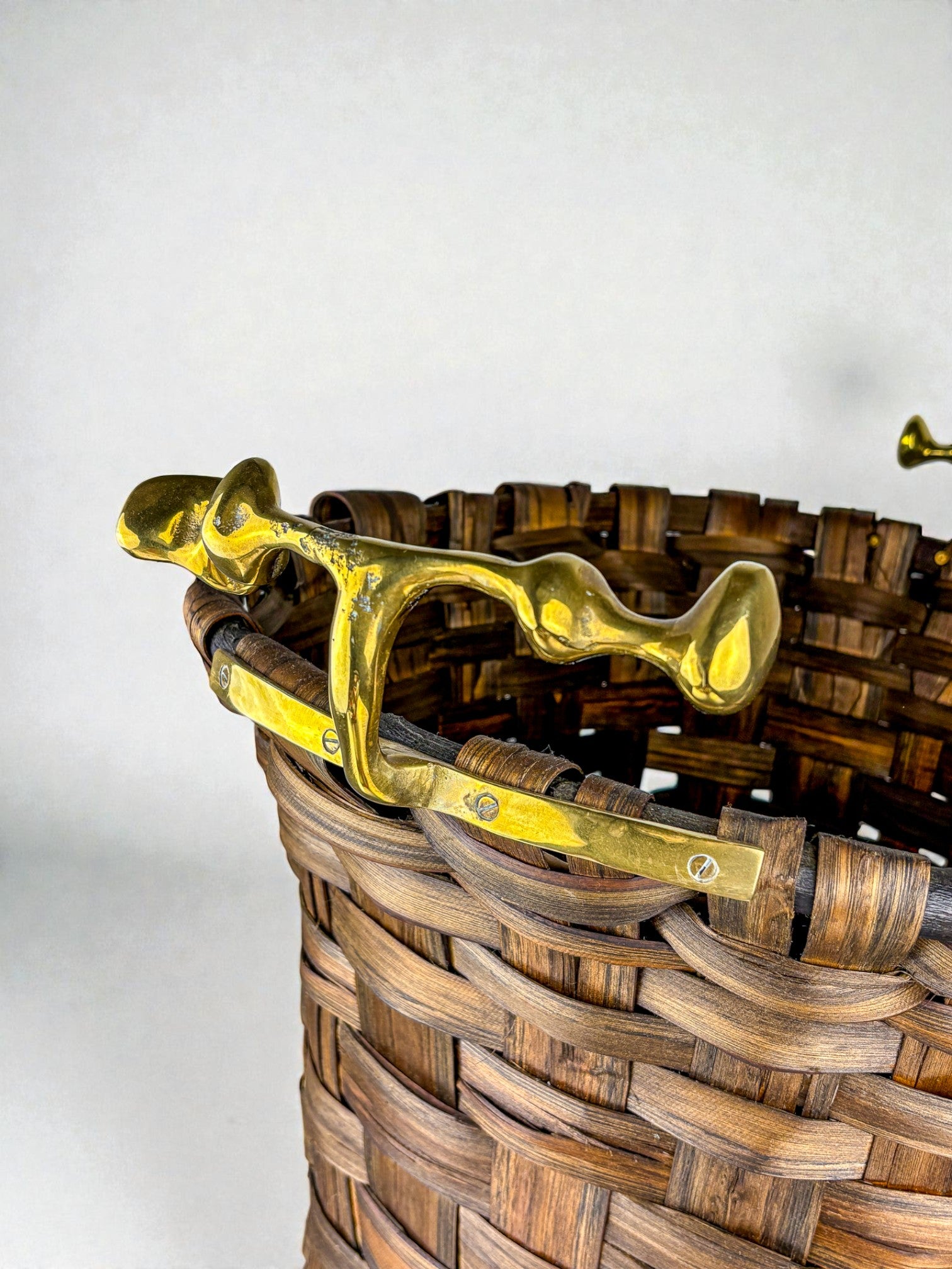 Brutalist XL Basket by David Marshall, Rattan & bronze handle, 1980's