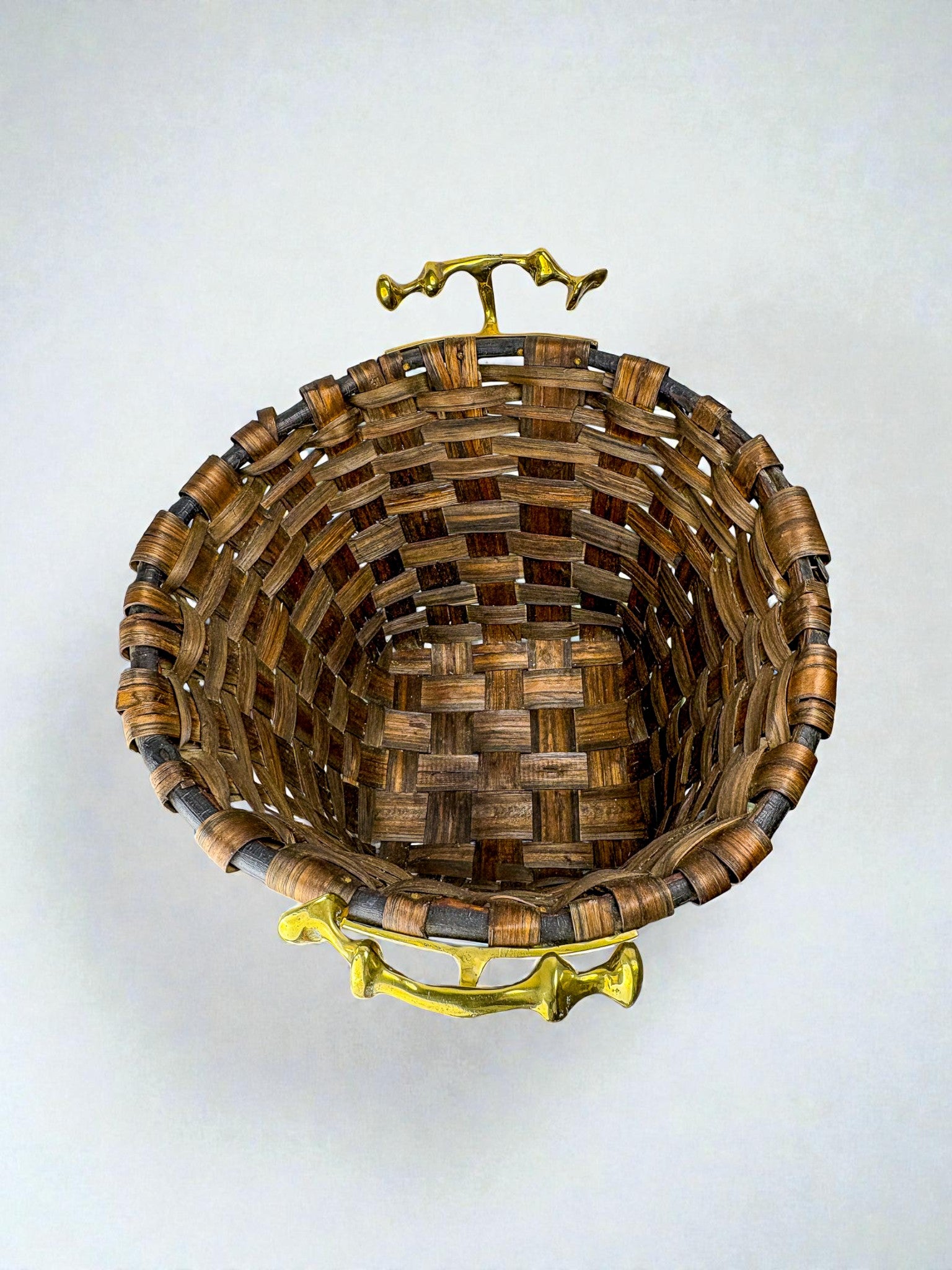Brutalist XL Basket by David Marshall, Rattan & bronze handle, 1980's