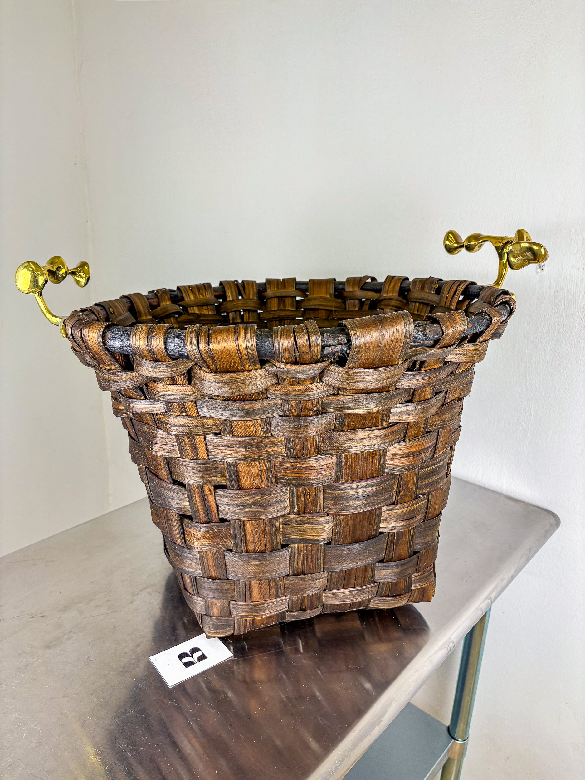 Brutalist XL Basket by David Marshall, Rattan & bronze handle, 1980's