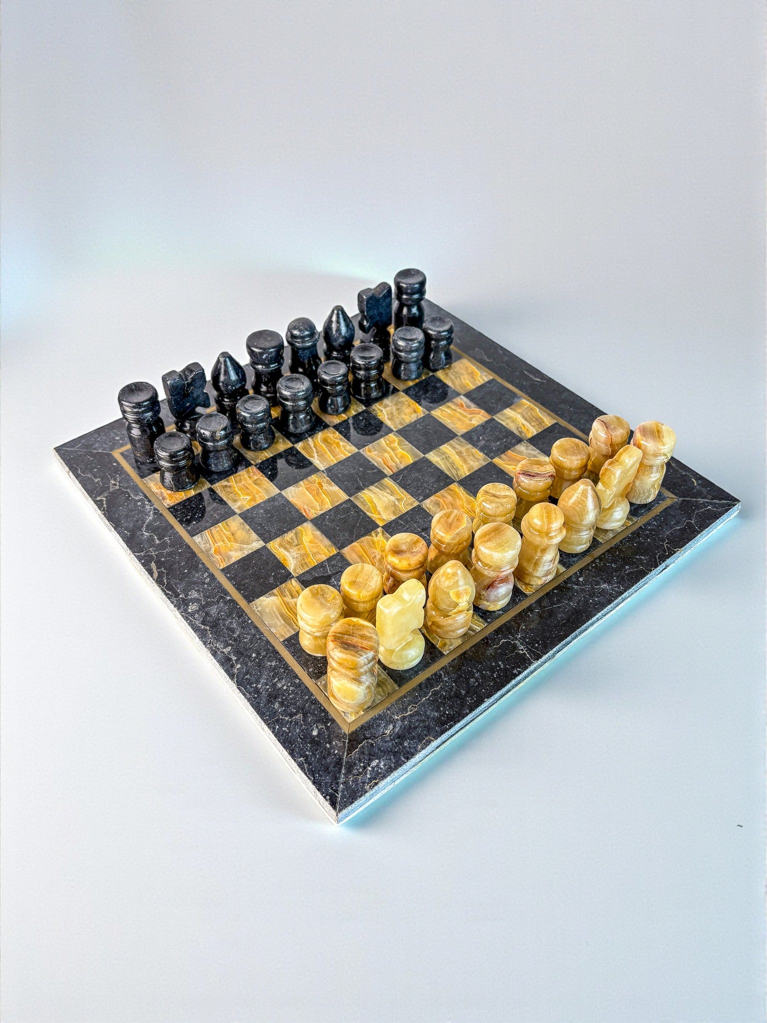 Vintage Italian Genuine Alabaster Chess Set with Carved Pieces, 1970