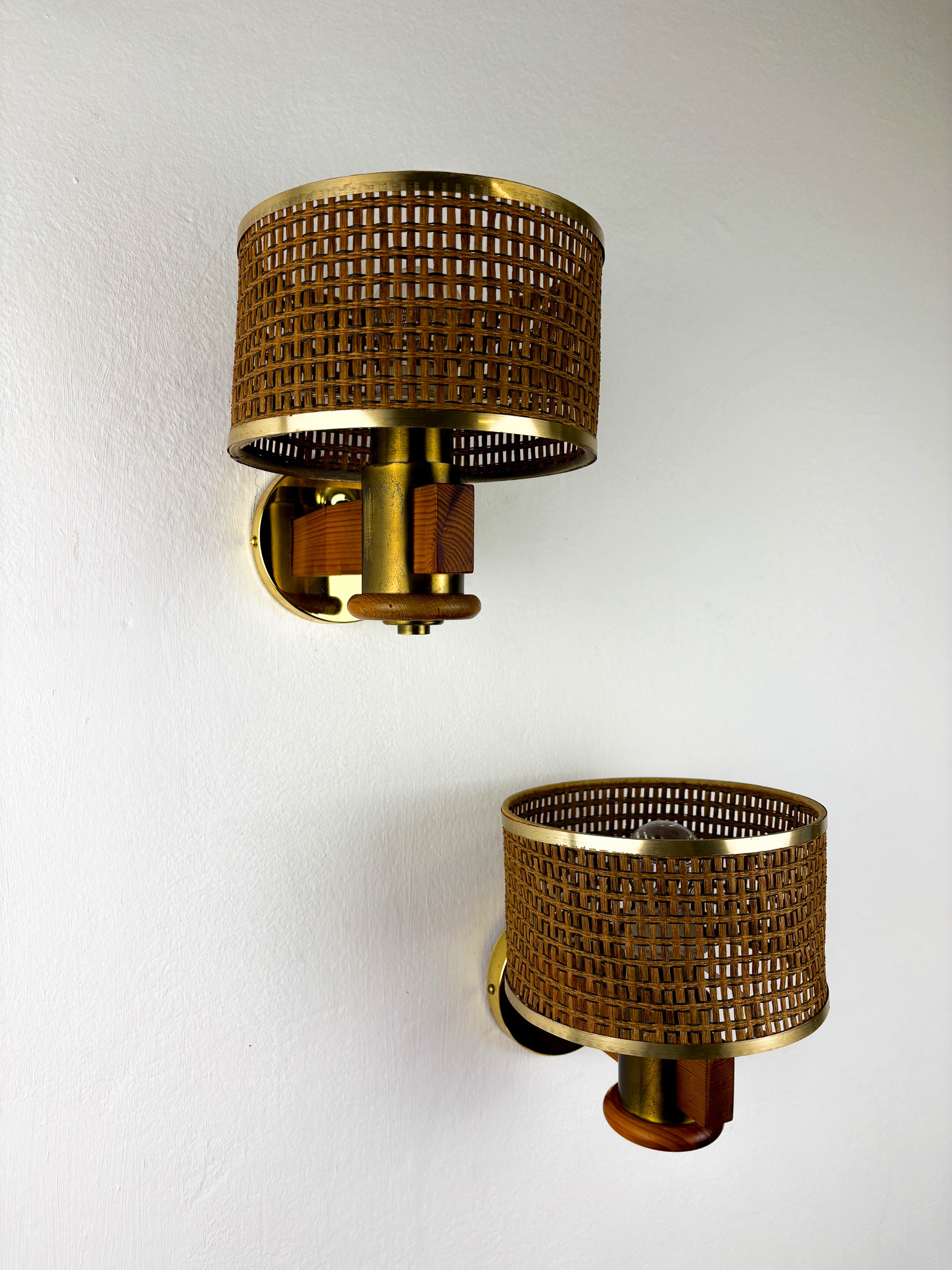 Pair of Vintage Rattan & Wood Wall Sconces, Italy, 1970's