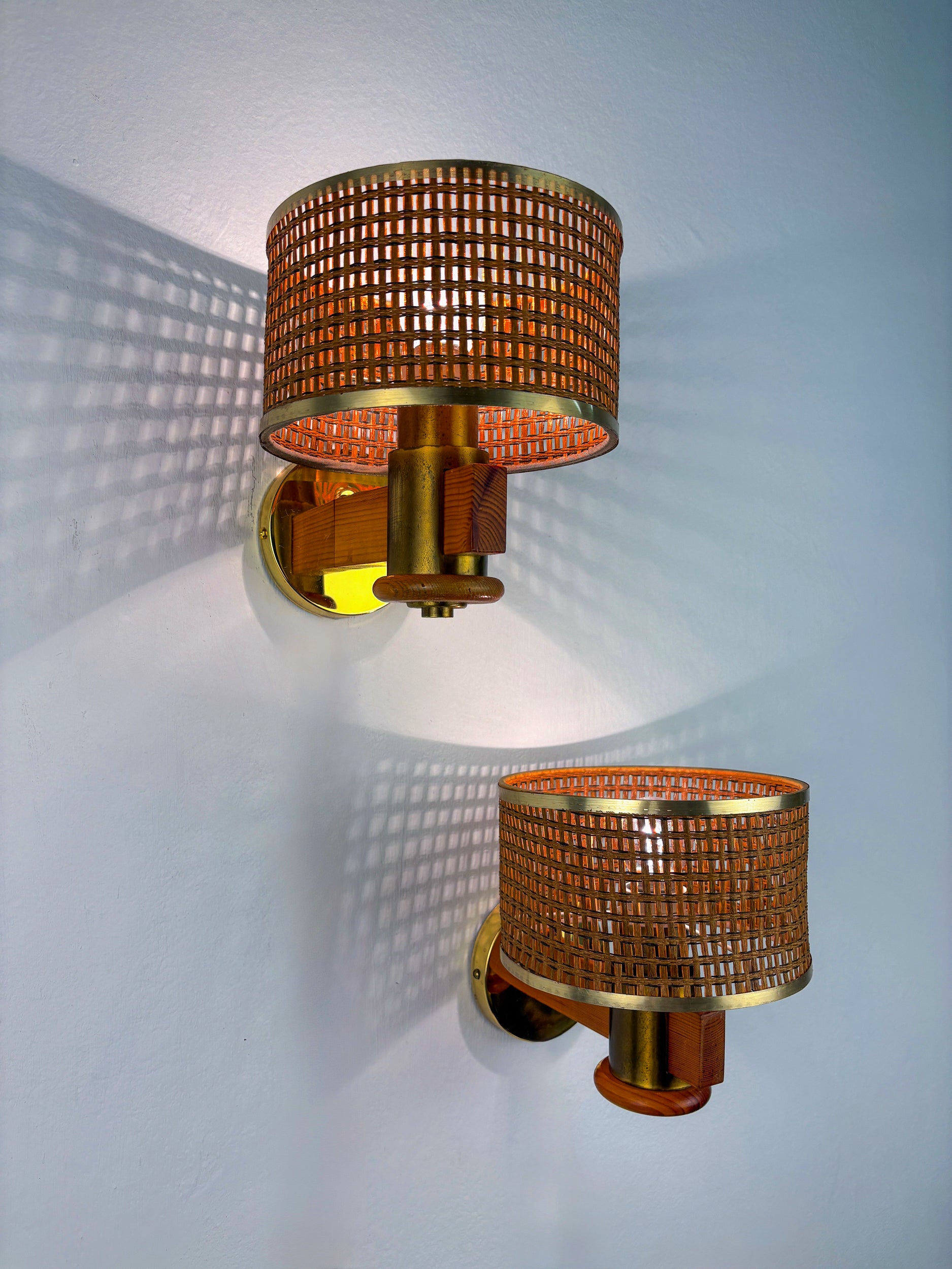Pair of Vintage Rattan & Wood Wall Sconces, Italy, 1970's