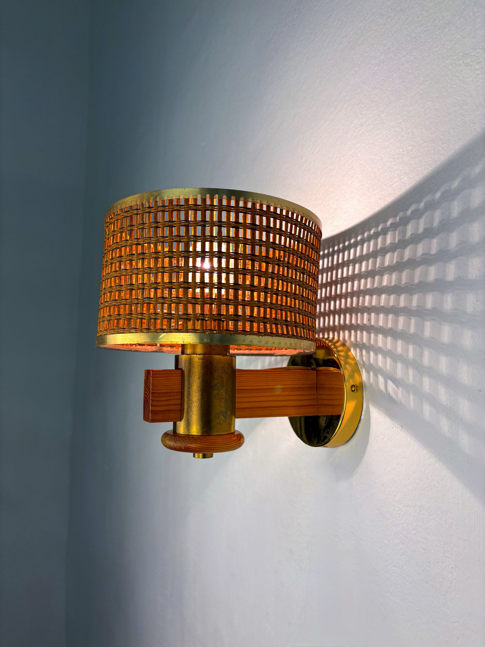 Pair of Vintage Rattan & Wood Wall Sconces, Italy, 1970's