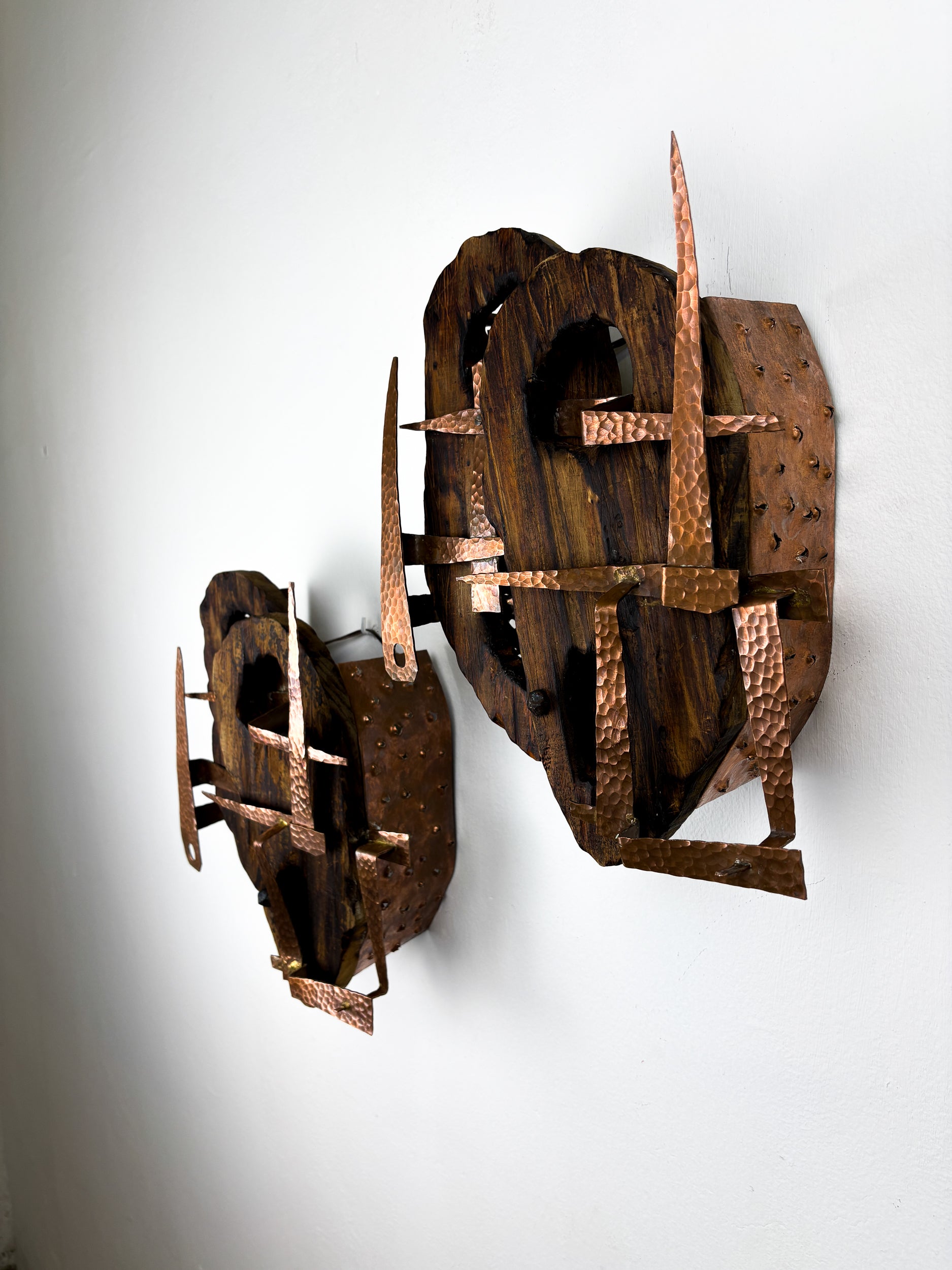Pair of Brutalist Wood & Copper Wall Sconces, Italy, 1970s