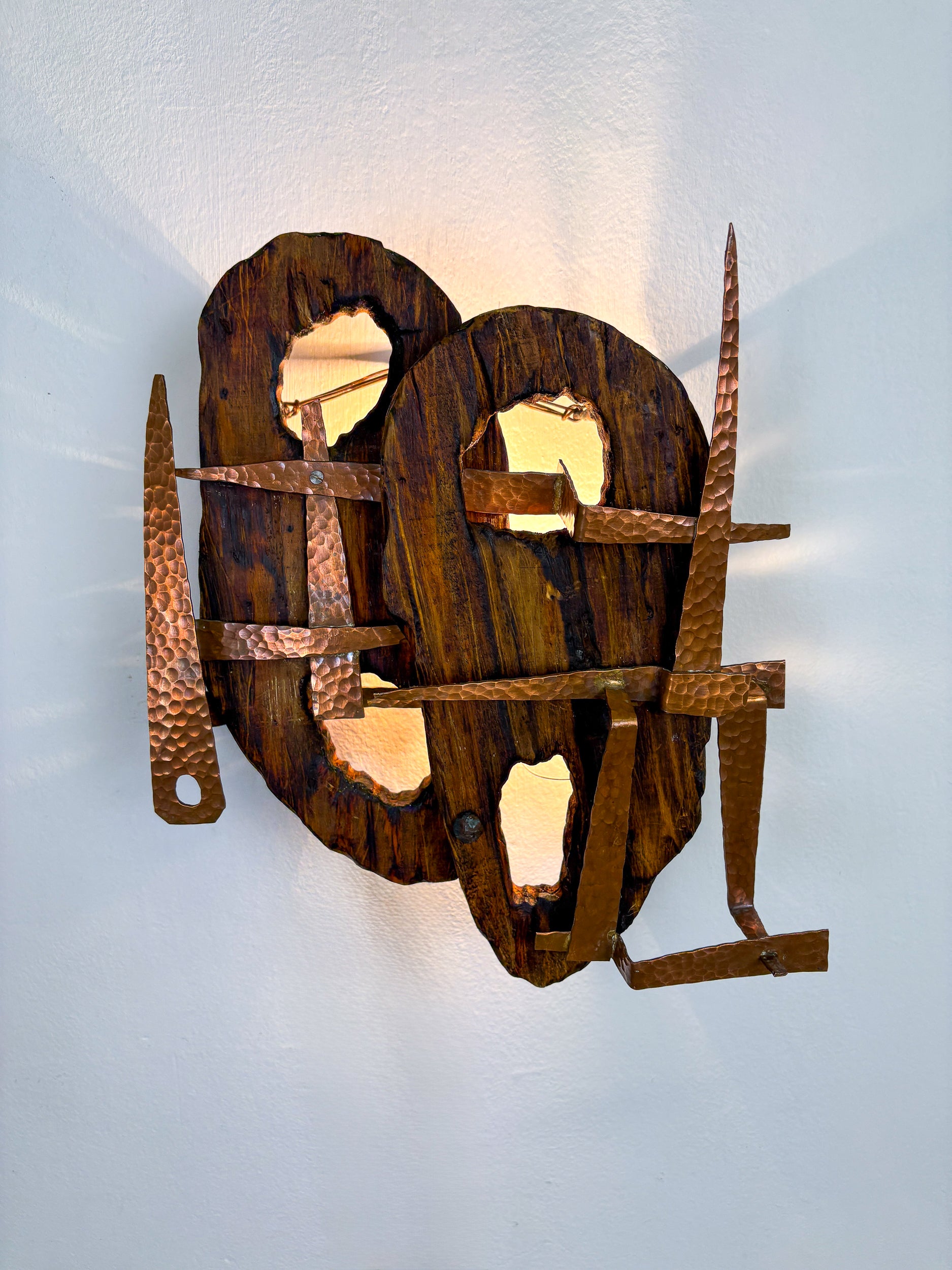 Pair of Brutalist Wood & Copper Wall Sconces, Italy, 1970s
