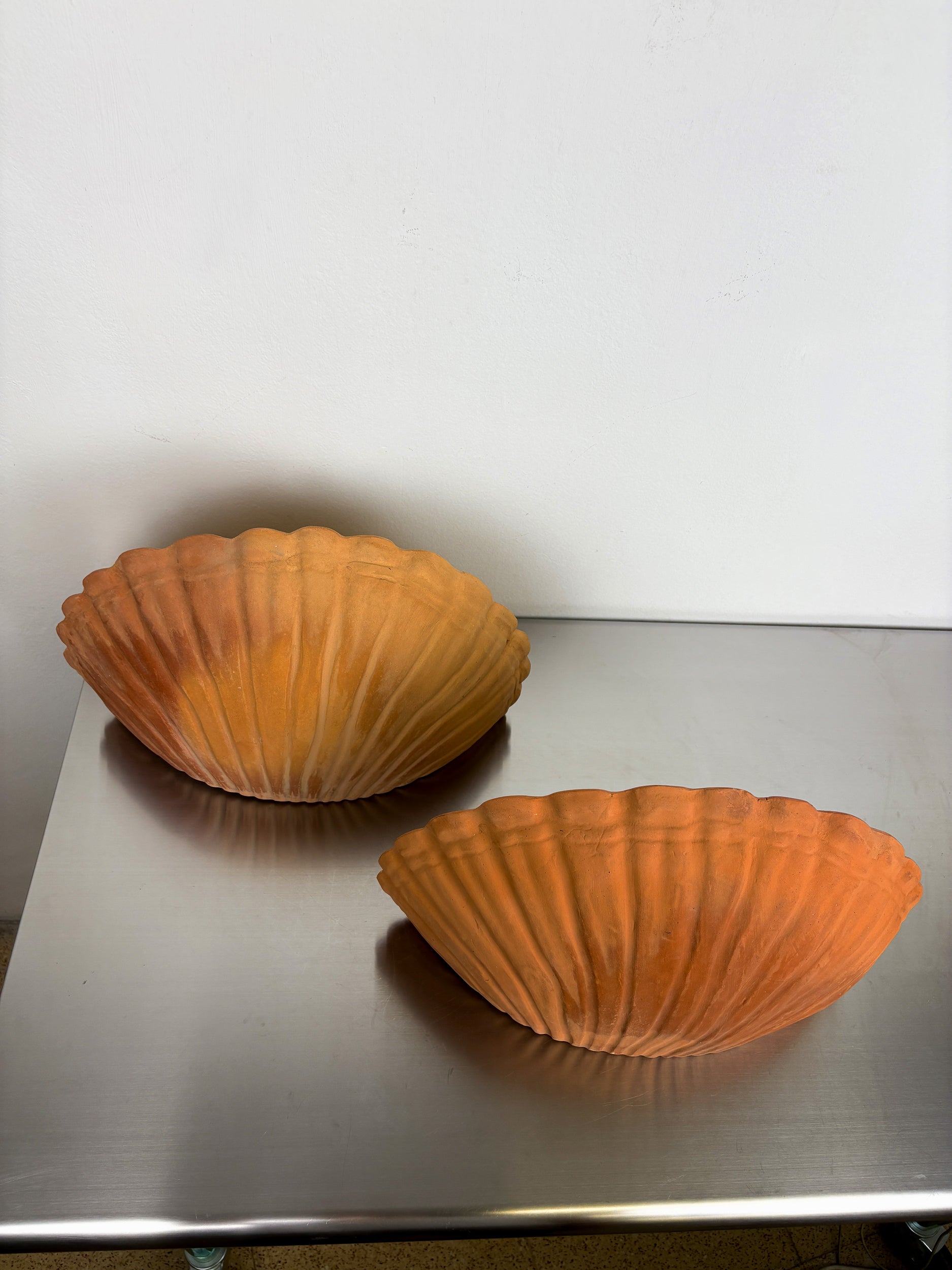 Pair of vintage italian Shell Wall sconces, large terracota sculptures, Circa 1980's