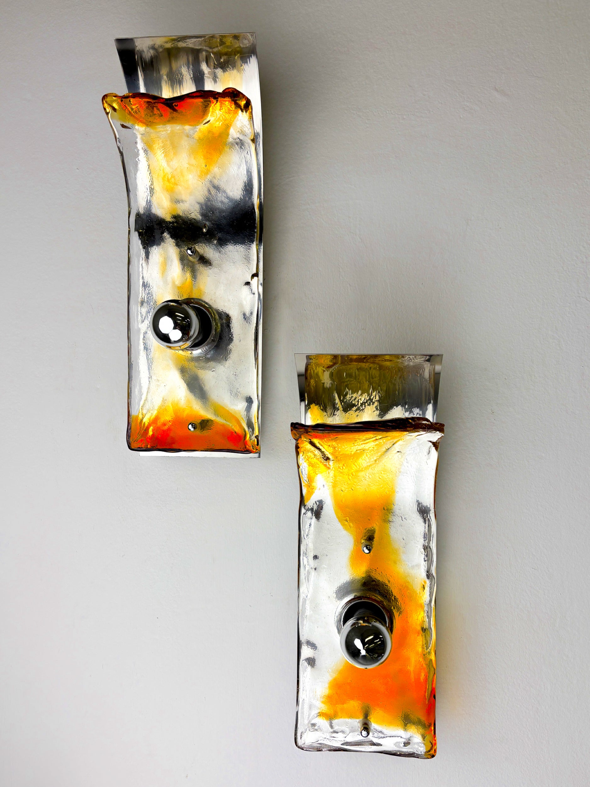 Pair of Murano Mazzega Orange & Clear Glass Wall Sconces, Italy, 1970s