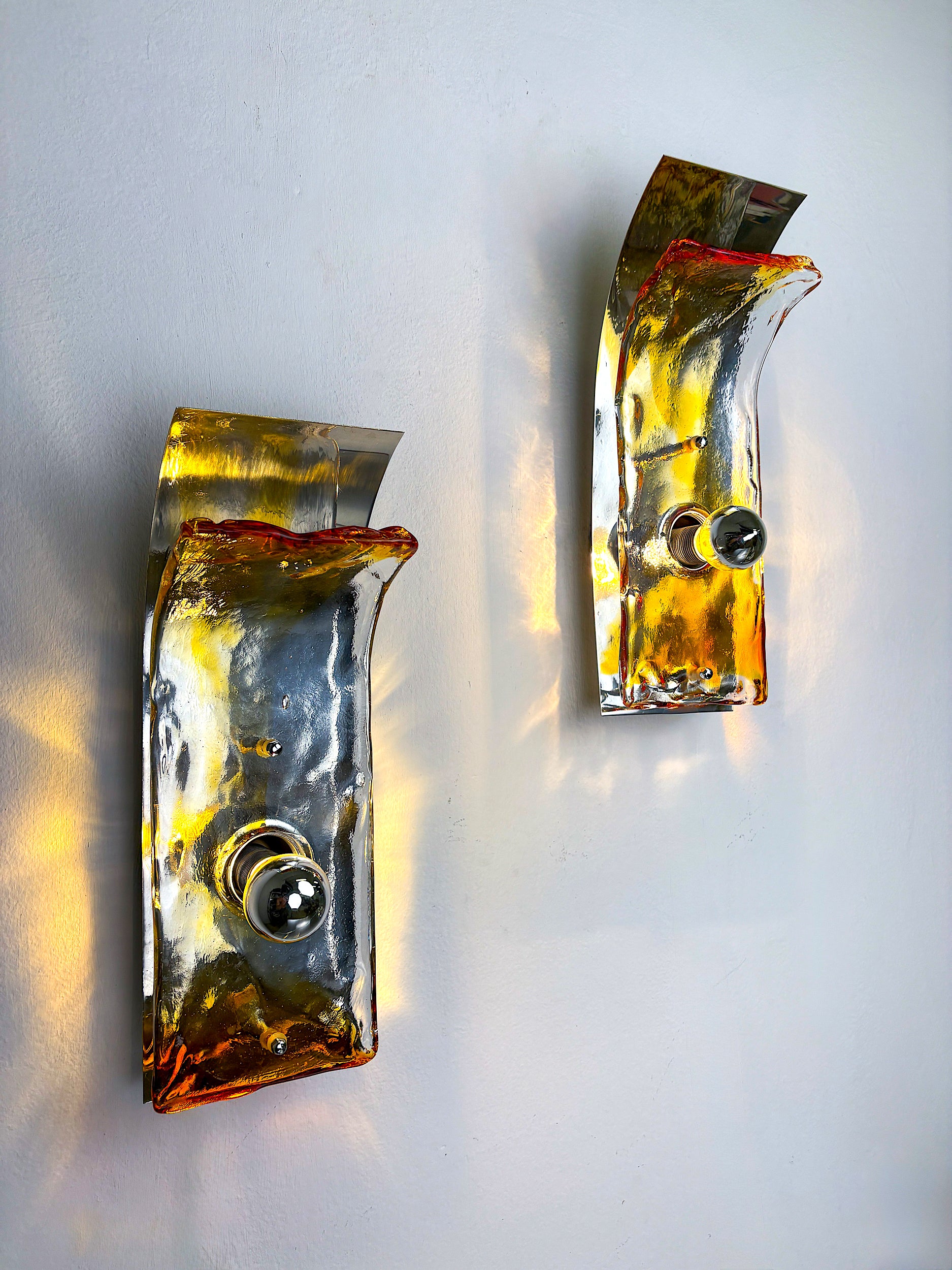 Pair of Murano Mazzega Orange & Clear Glass Wall Sconces, Italy, 1970s