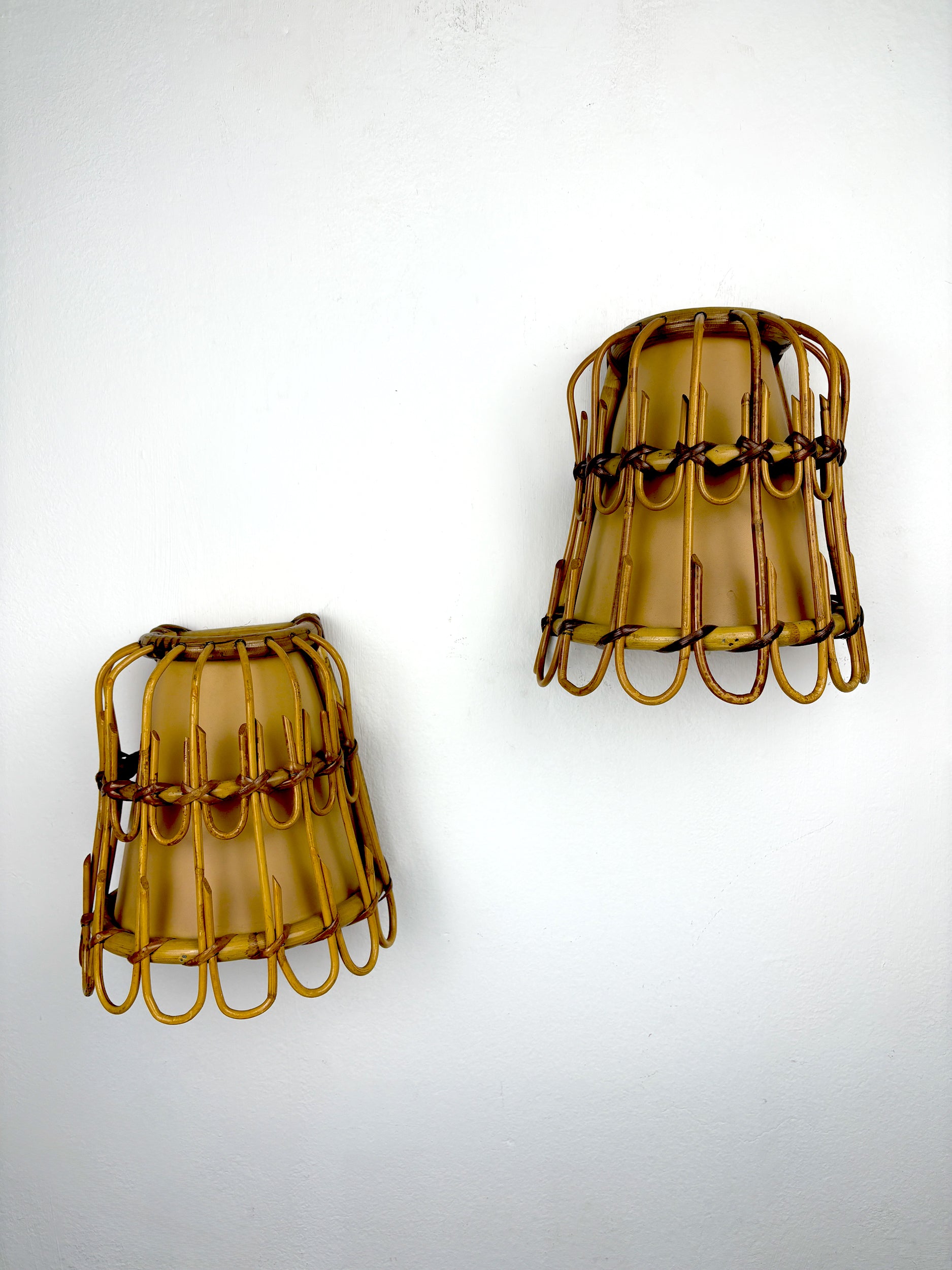 Pair of Mid-Century Rattan Wall Sconces, Italy, circa 1960s