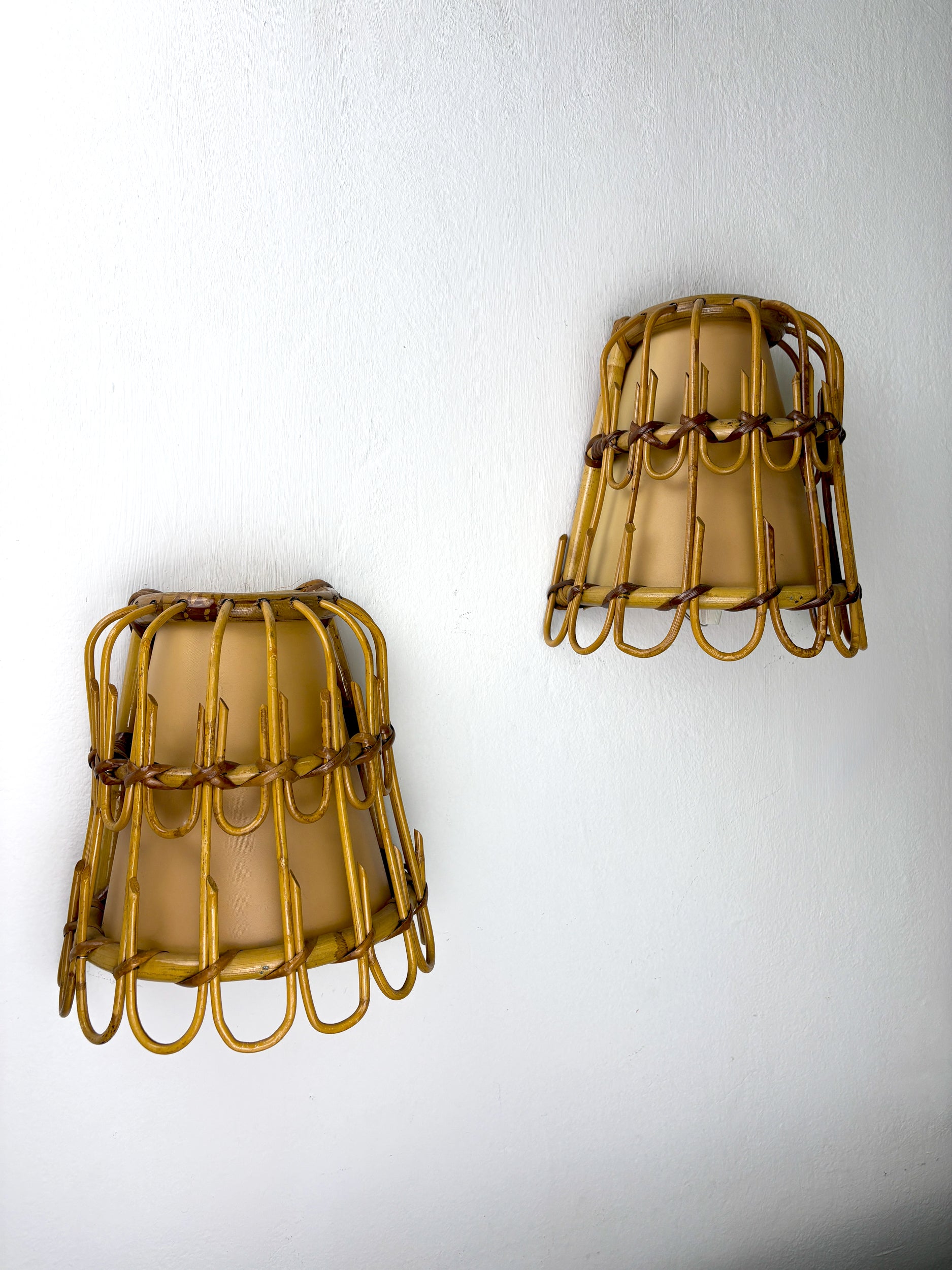 Pair of Mid-Century Rattan Wall Sconces, Italy, circa 1960s