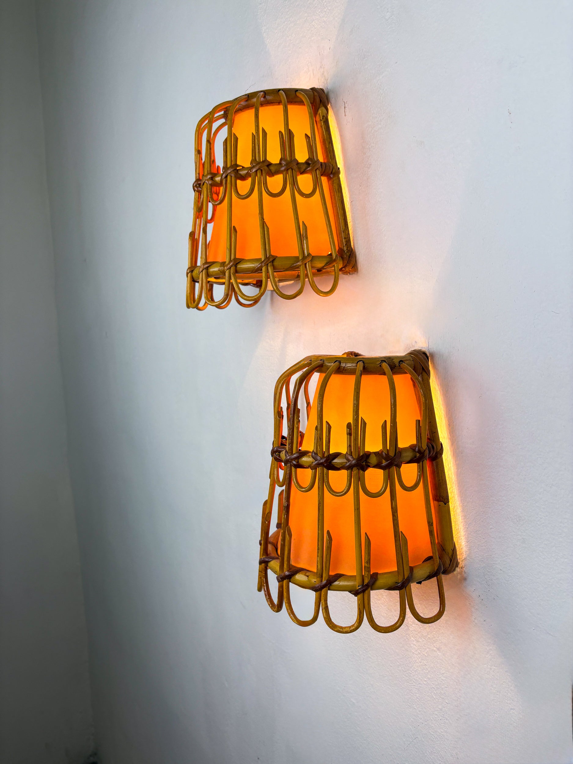 Pair of Mid-Century Rattan Wall Sconces, Italy, circa 1960s