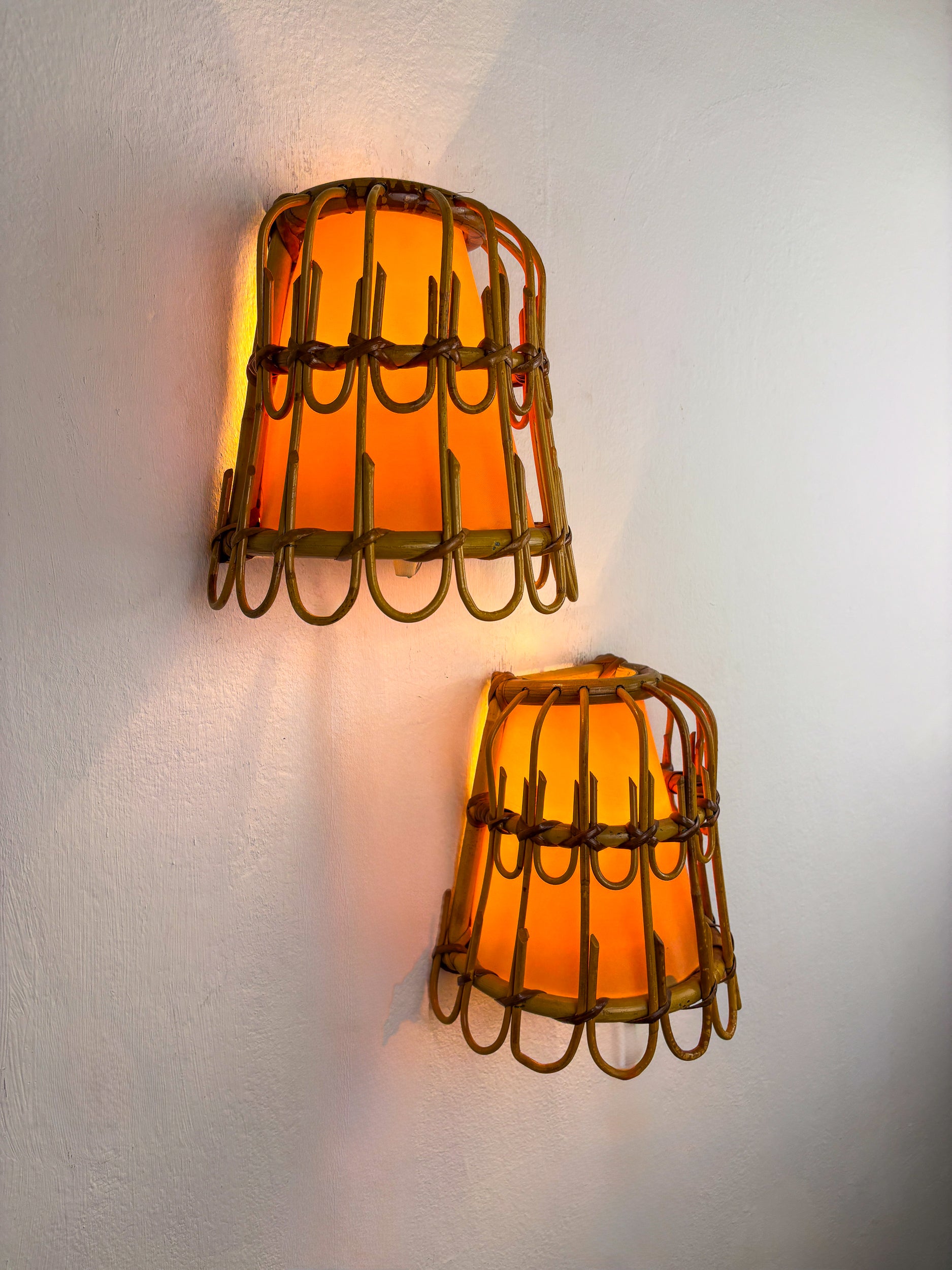 Pair of Mid-Century Rattan Wall Sconces, Italy, circa 1960s
