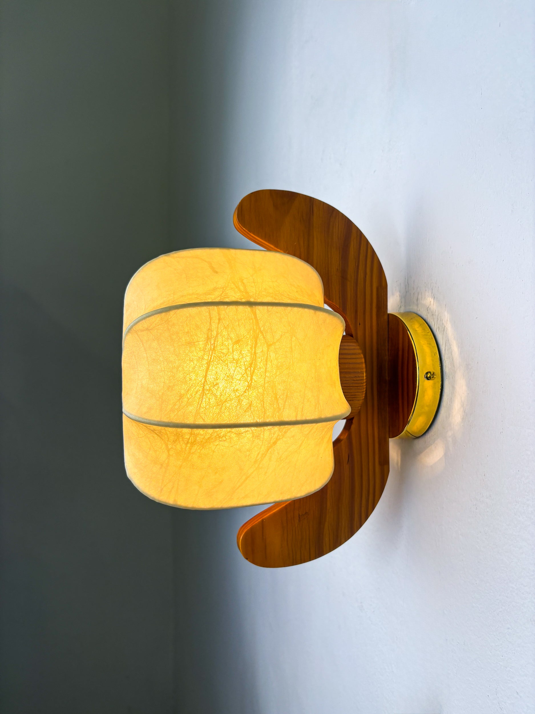 Pair of "Cocoon" wall lights, resin and pine wood, Italy, 1970's