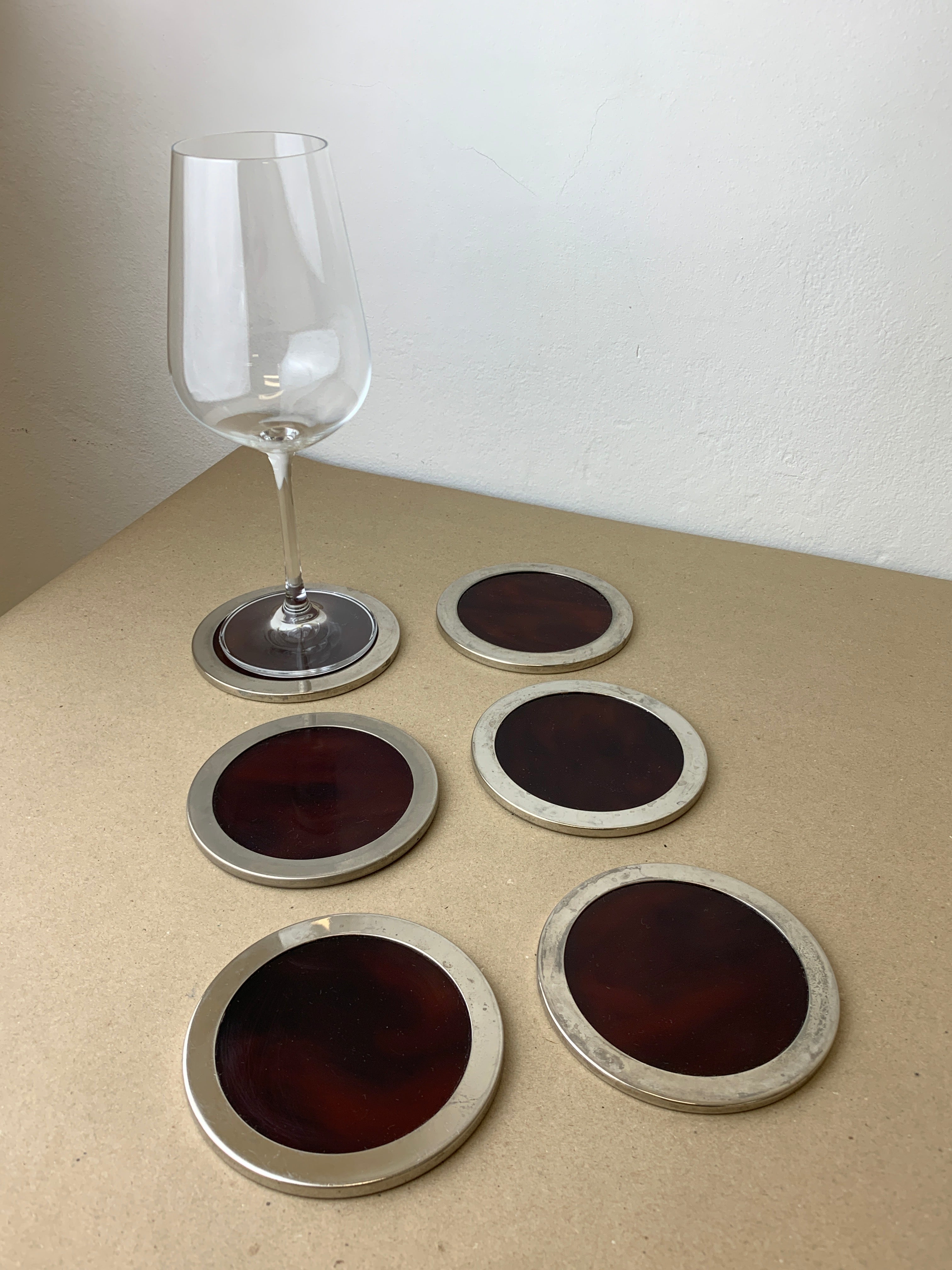 Willy Rizzo Style Coasters in Faux Tortoise Shell, Set of 6, 1970's
