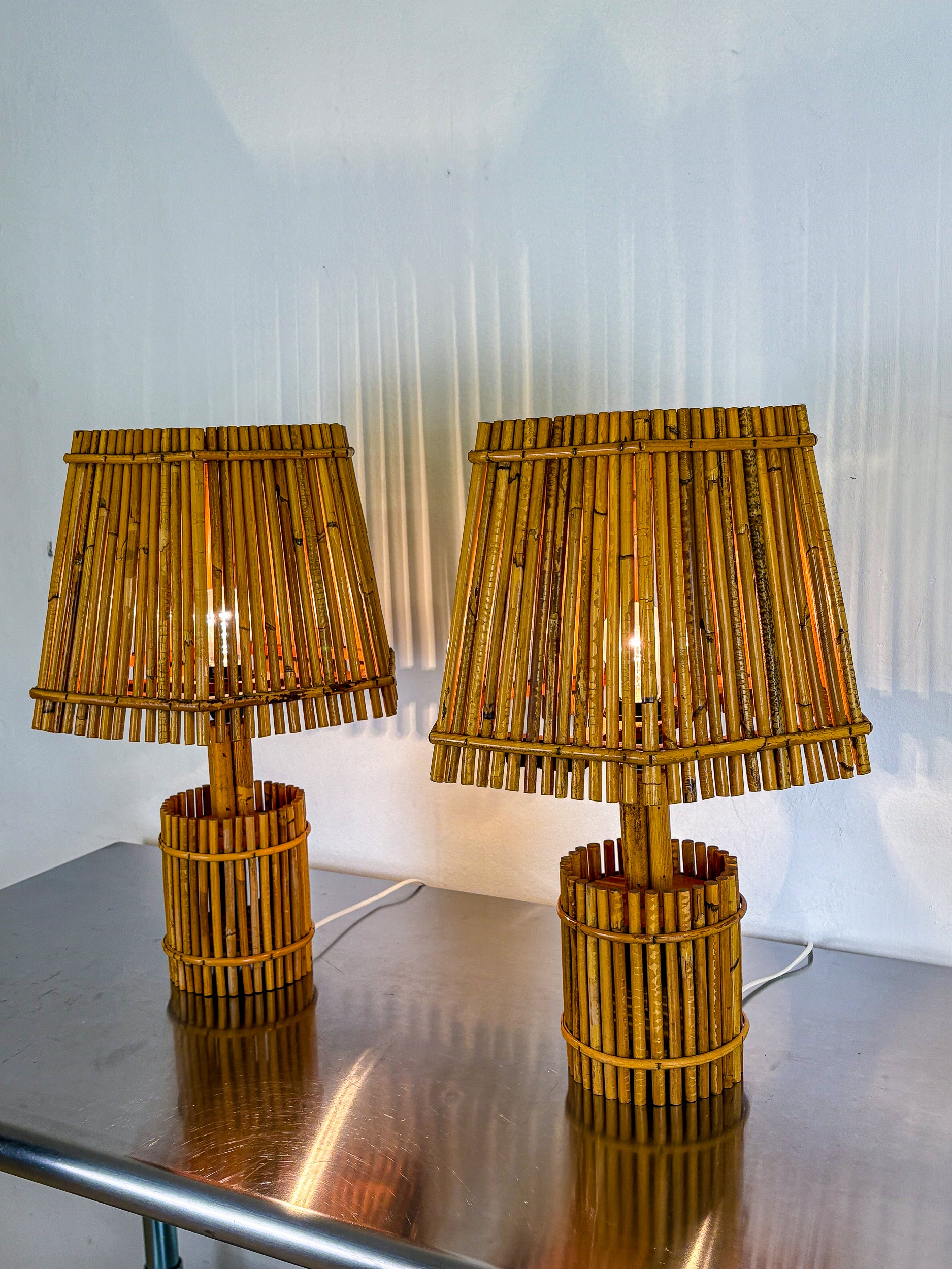 Pair of Large French Riviera Bamboo & Rattan Table Lamps, Louis Sognot's style, Circa 1960s