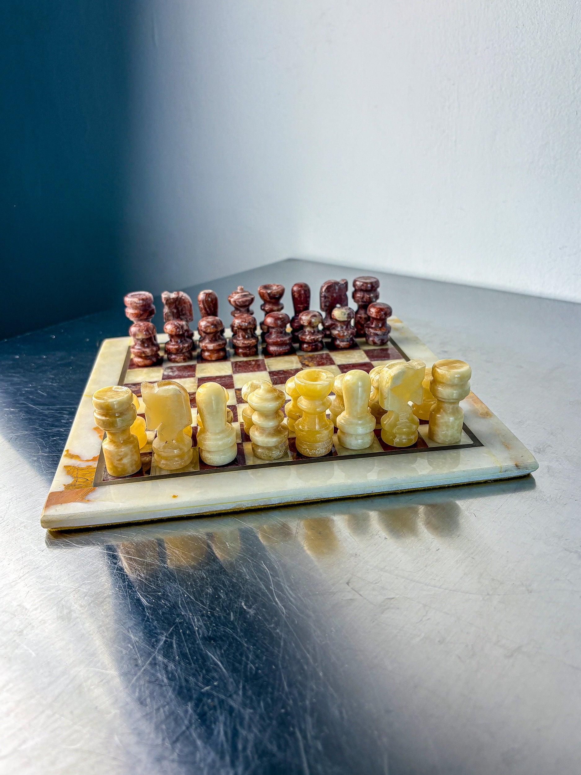 Vintage Italian Genuine Alabaster Chess Set with Carved Pieces, 1970s