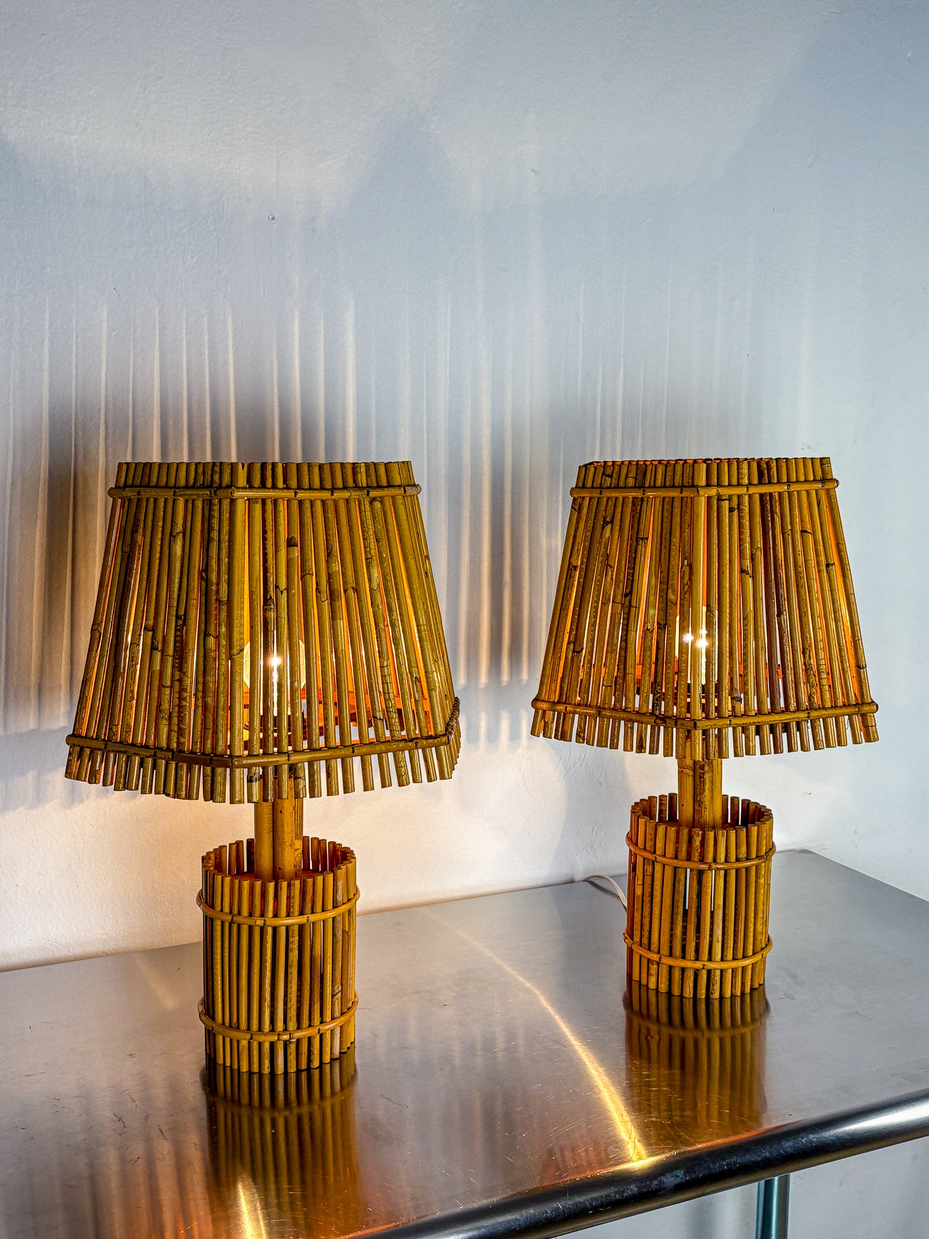Pair of Large French Riviera Bamboo & Rattan Table Lamps, Louis Sognot's style, Circa 1960s
