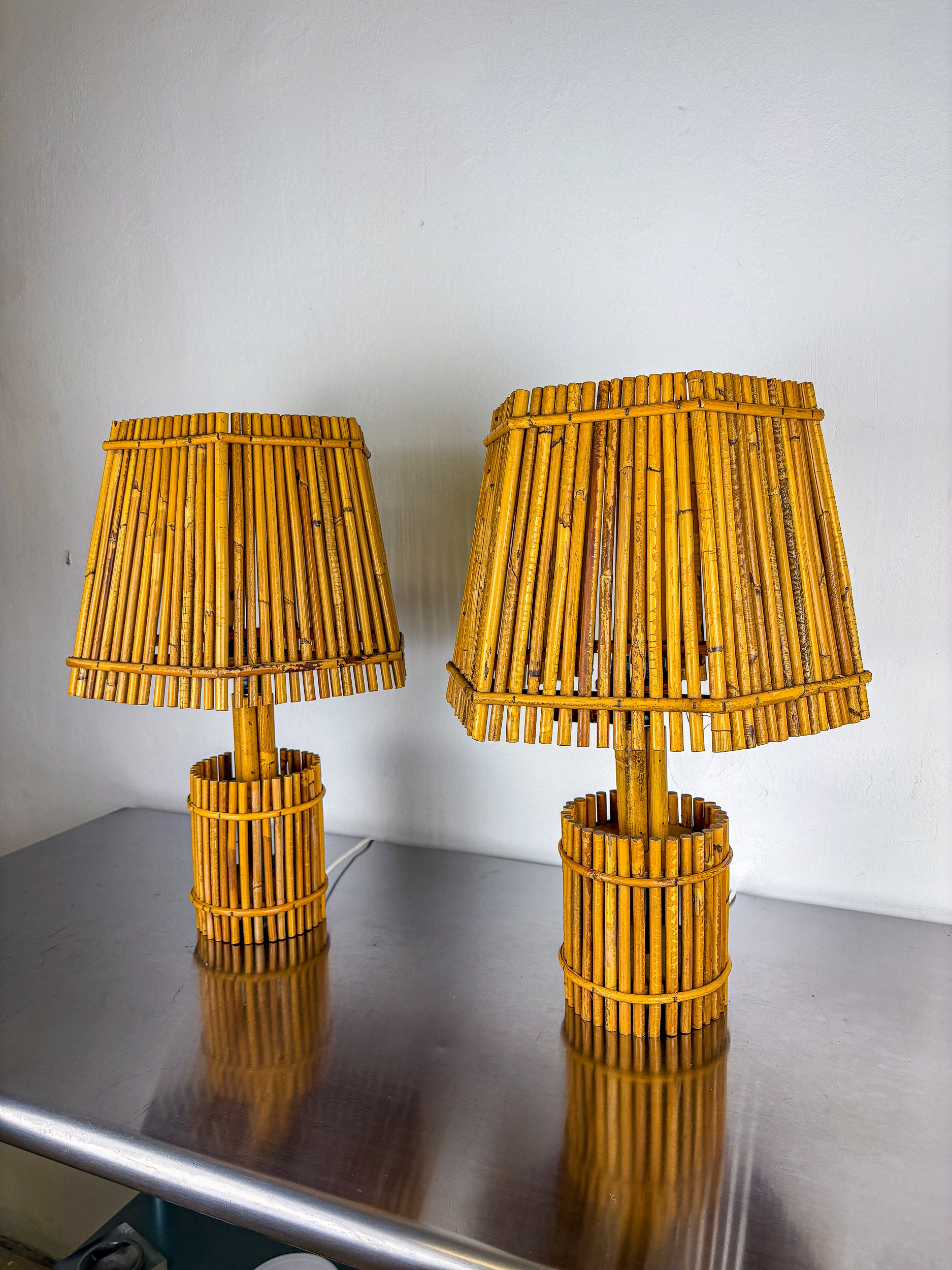 Pair of Large French Riviera Bamboo & Rattan Table Lamps, Louis Sognot's style, Circa 1960s