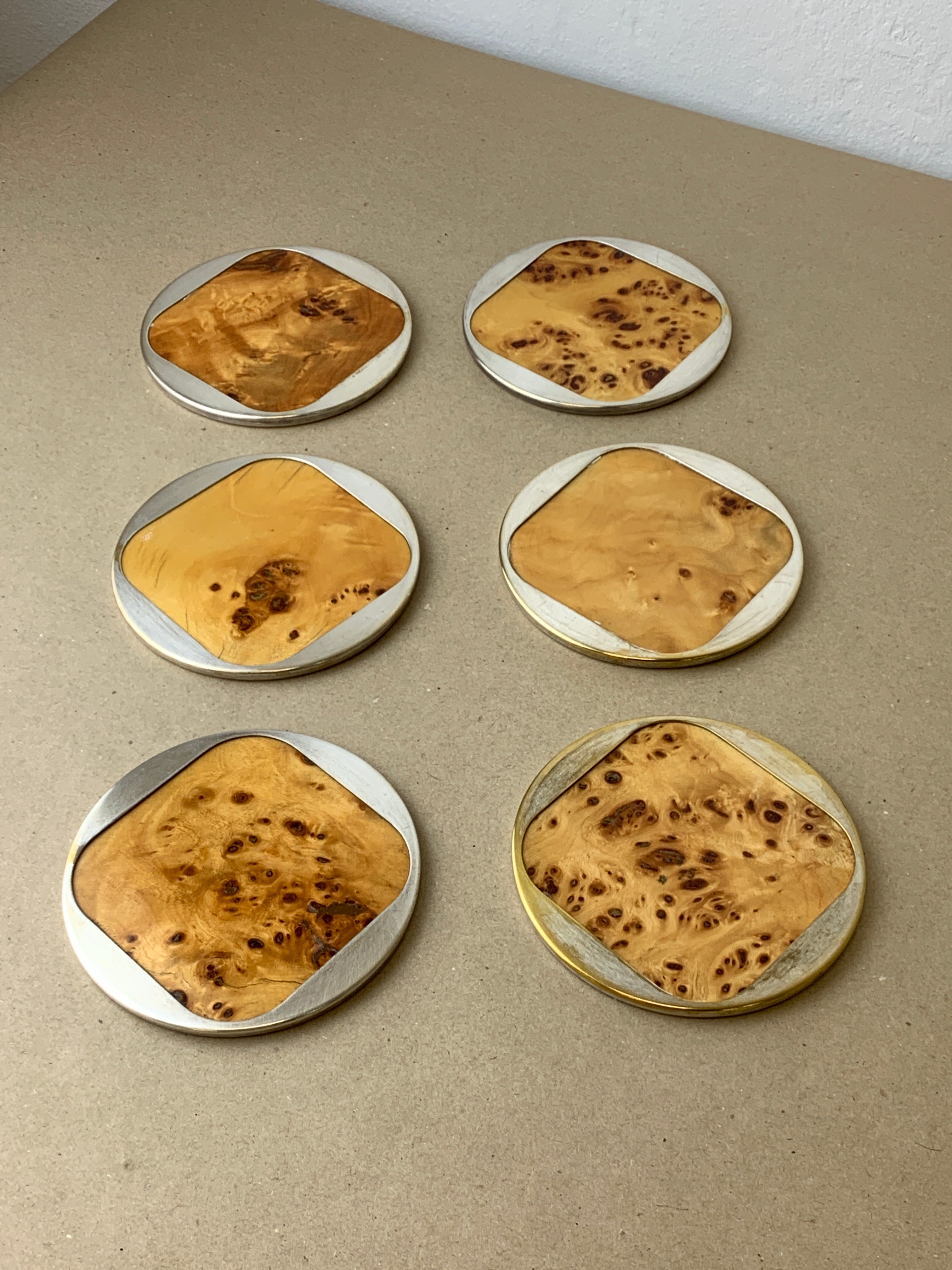 Aldo Tura Style Coasters in Lucite burl wood, set of 6, Italy, Circa 1970's